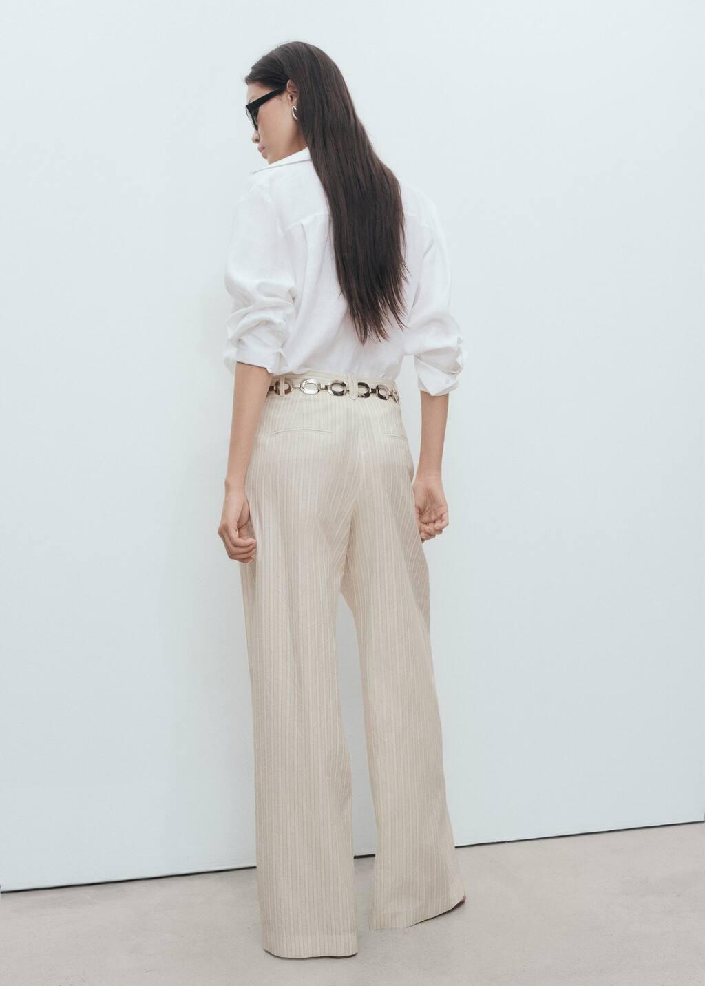 Grey Striped Wide Leg Cotton Trousers, Light Pastel Grey, large image number 5