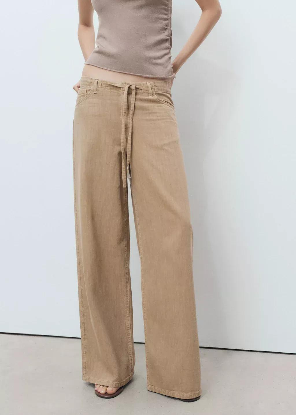 Beige Wide Leg Denim Pants With Belt, Light Pastel Brown, large image number 1