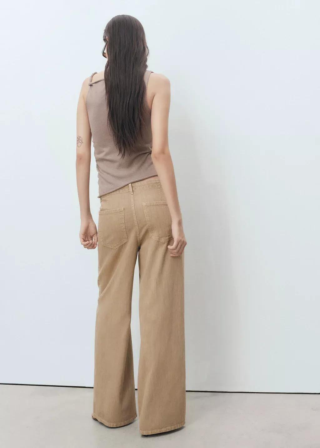 Beige Wide Leg Denim Pants With Belt, Light Pastel Brown, large image number 4