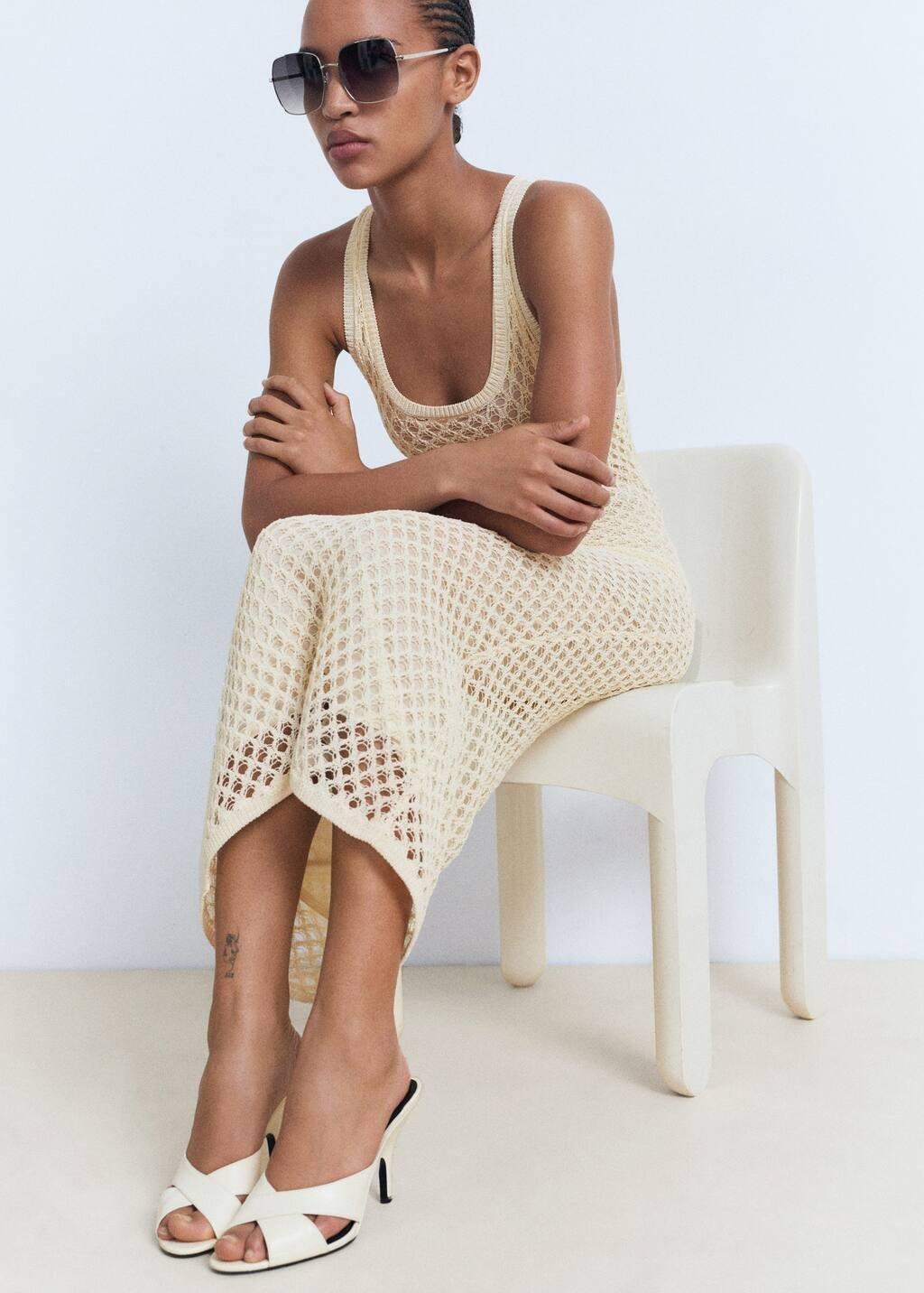 Beige Crochet Long Dress, Light Beige, large image number 5