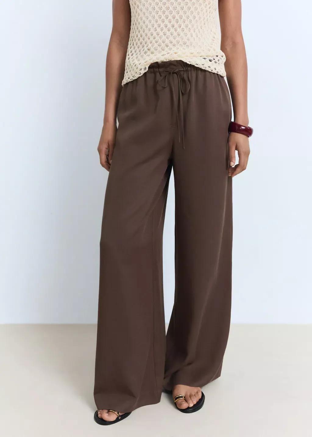 Brown Lyocell Wide Leg Trousers With Drawstring, Dark Brown, large image number 1