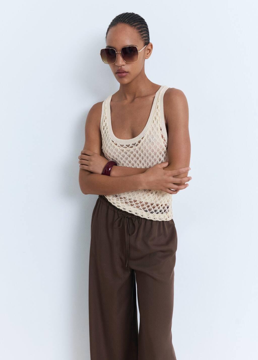 Brown Lyocell Wide Leg Trousers With Drawstring, Dark Brown, large image number 3