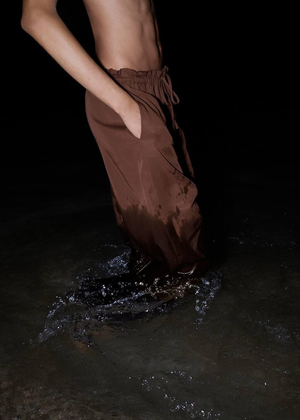 Brown Lyocell Wide Leg Trousers With Drawstring, Dark Brown, large image number 6