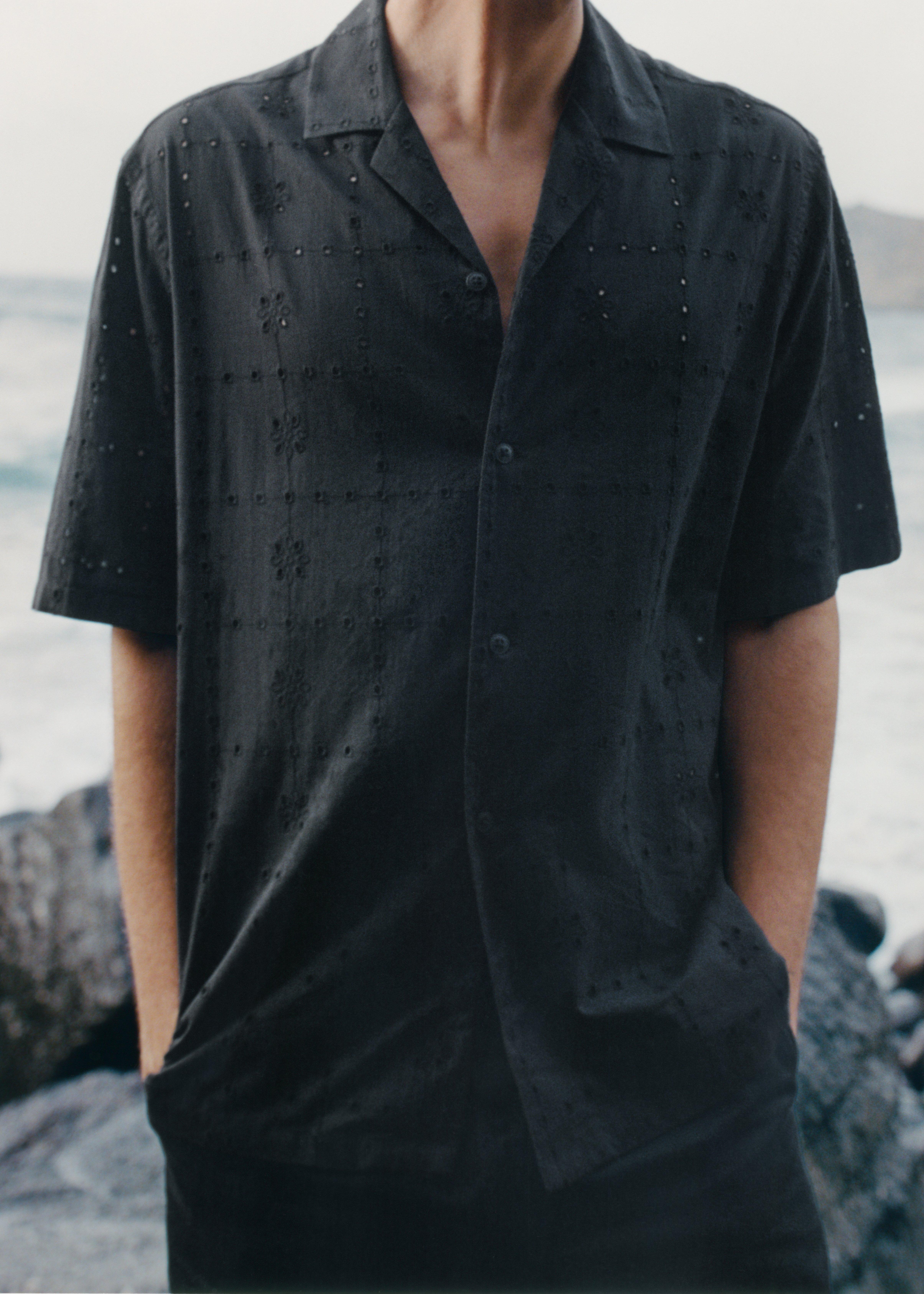 BLACK Shirt with embroidered eyelet details, , large image number 0