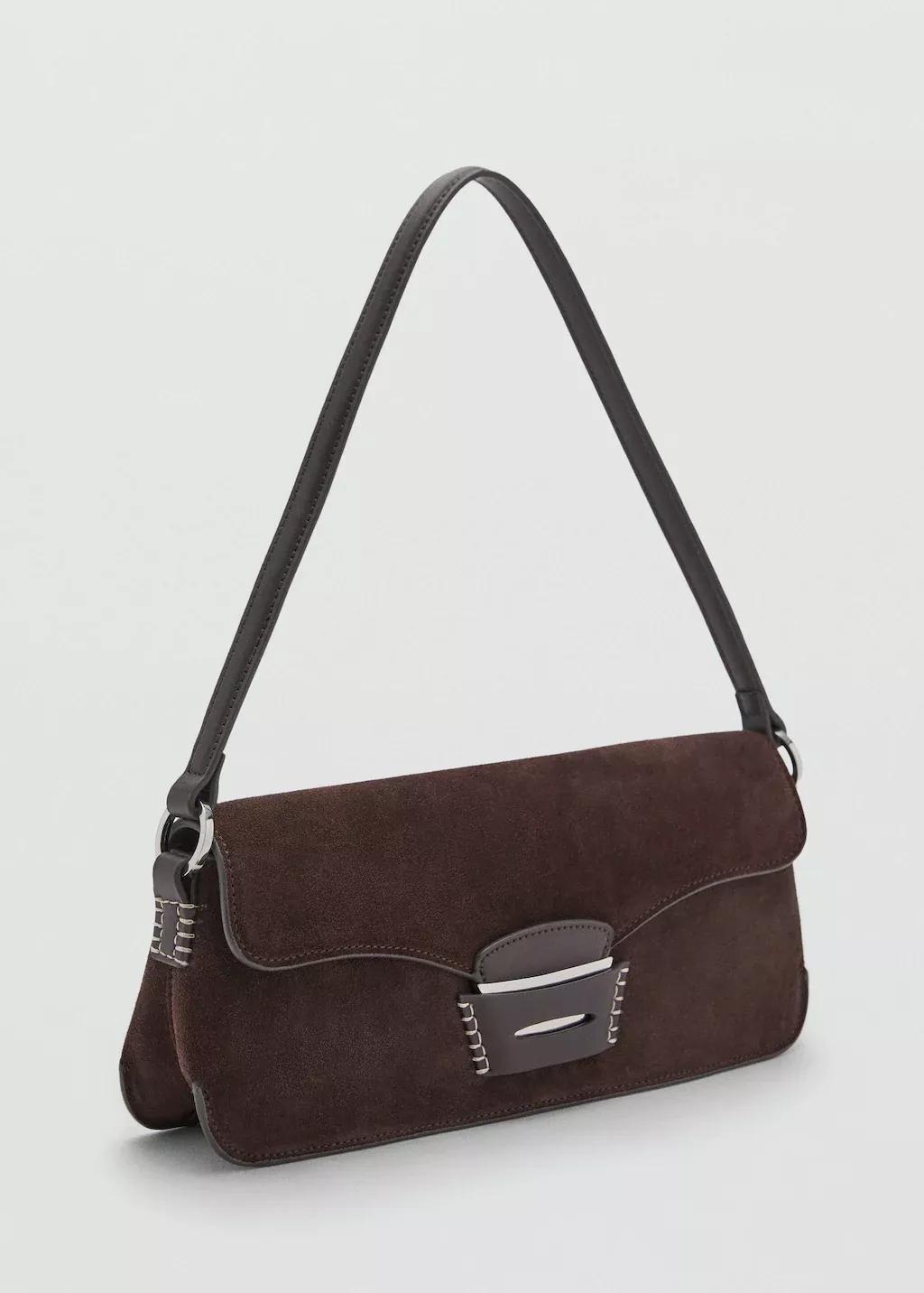 Brown Suede Shoulder Bag, Dark Brown, large image number 1
