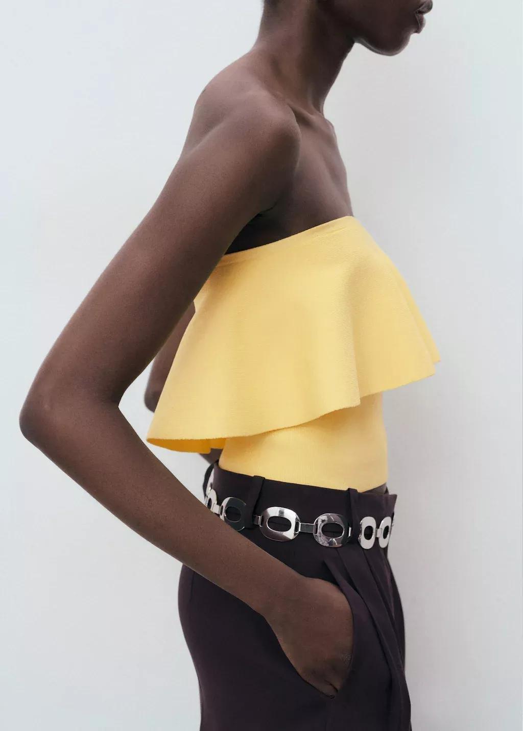 Yellow Maxi Ruffle Strapless Top, , large image number 1