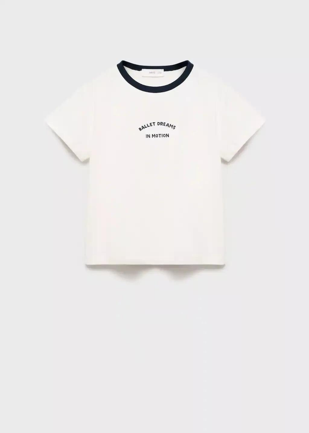 Cream T-Shirt With Embroidered Contrasting Collar, Kids Girls, , large image number 0