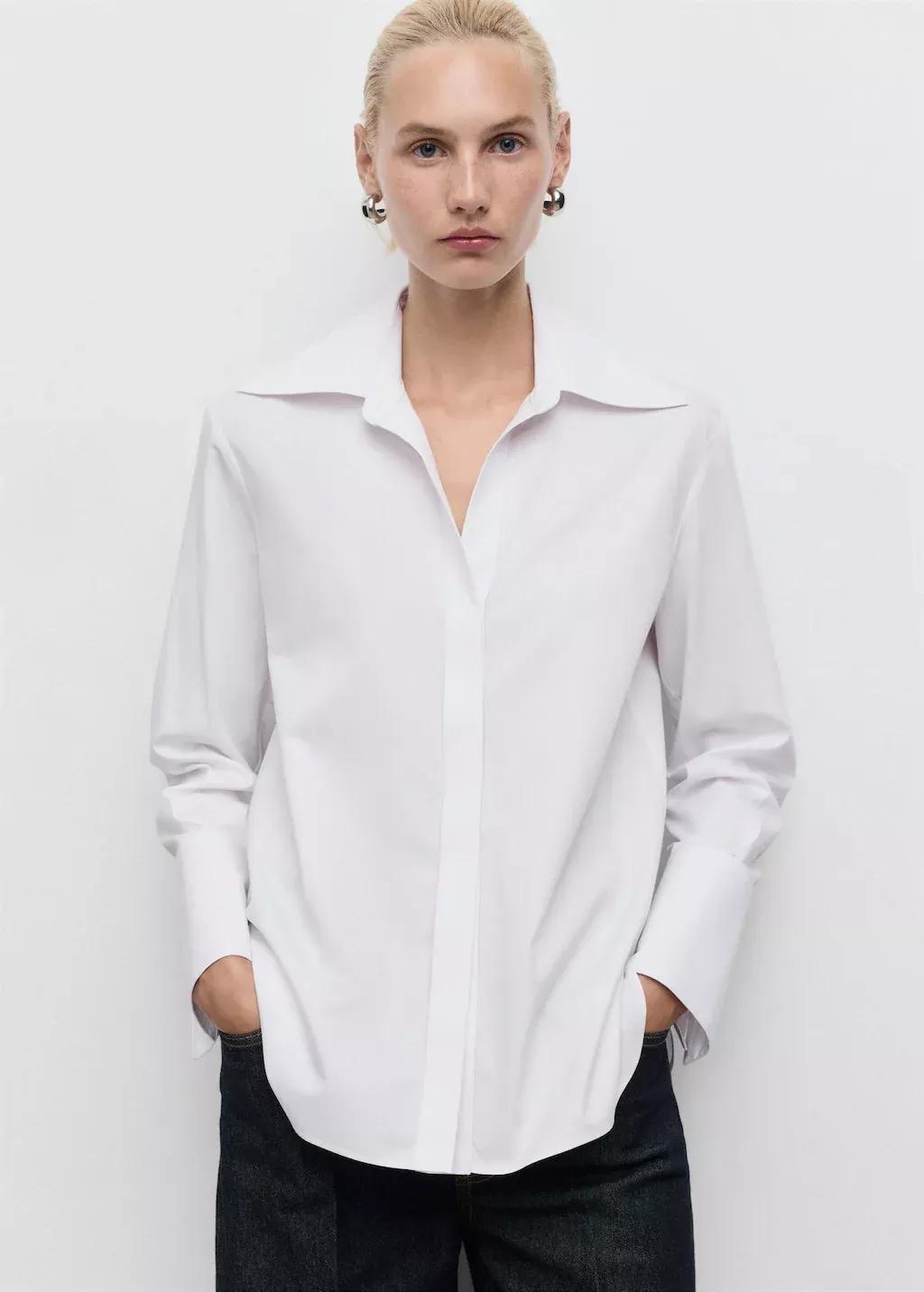White Shirt With Concealed Placket And Collar, , large image number 0
