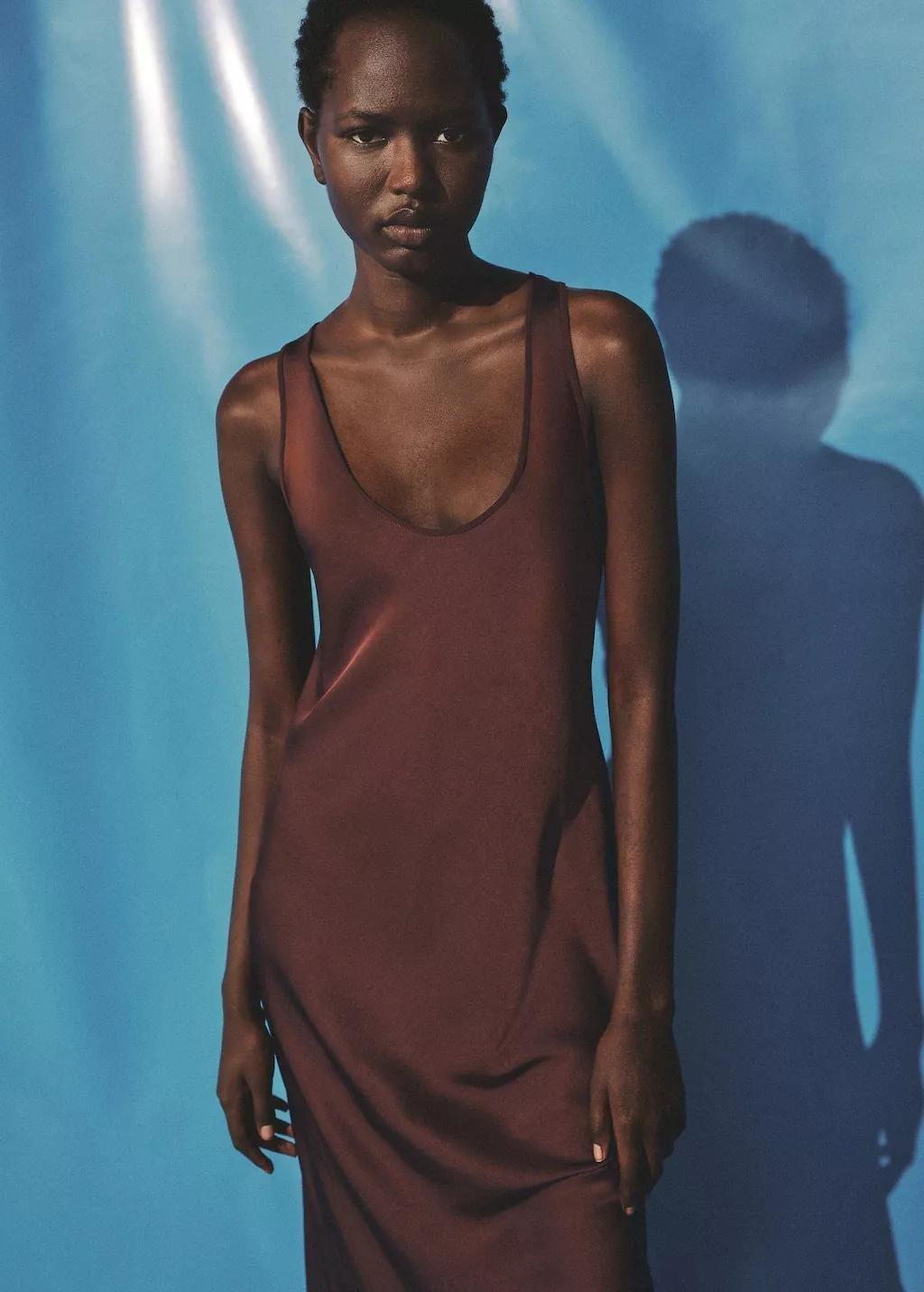 Brown Satin Low-Cut Dress, , large image number 0