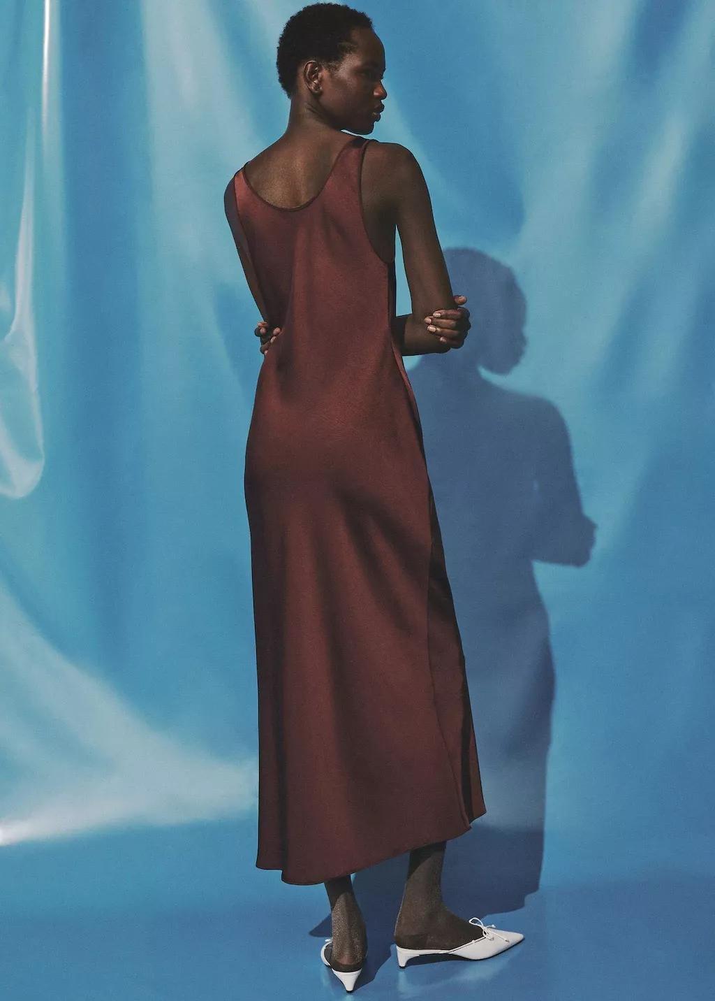 Brown Satin Low-Cut Dress, , large image number 4