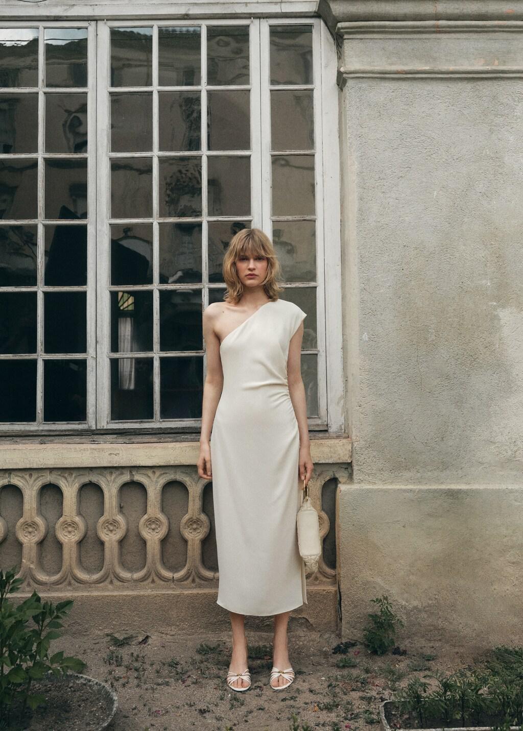 NATURAL WHITE Asymmetrical pleated dress, , large image number 1