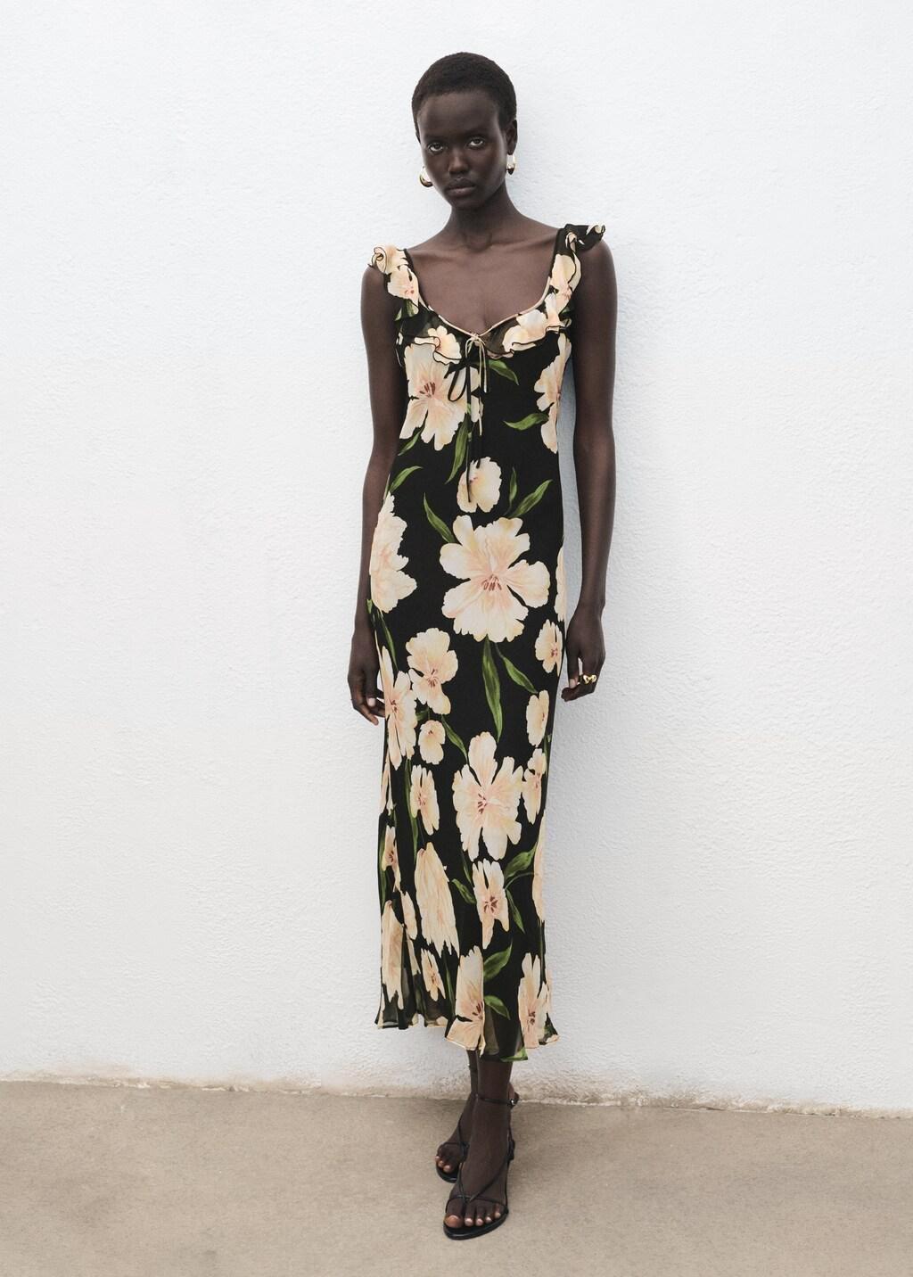 Black Floral Dress With Ruffle Detail, , large image number 1