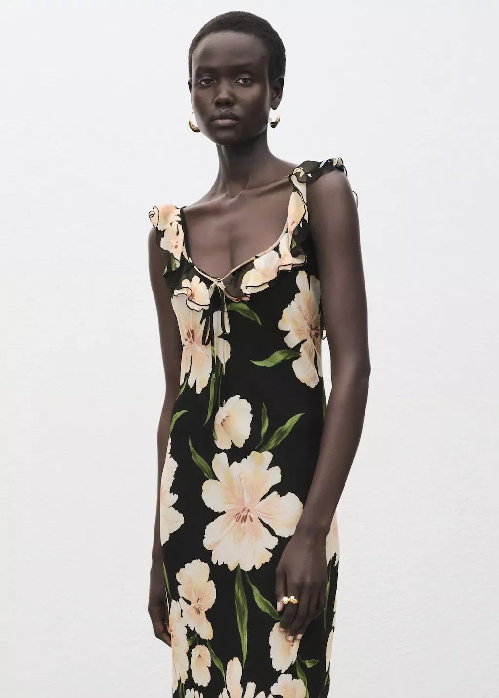 Black Floral Dress With Ruffle Detail, Black, large image number 1