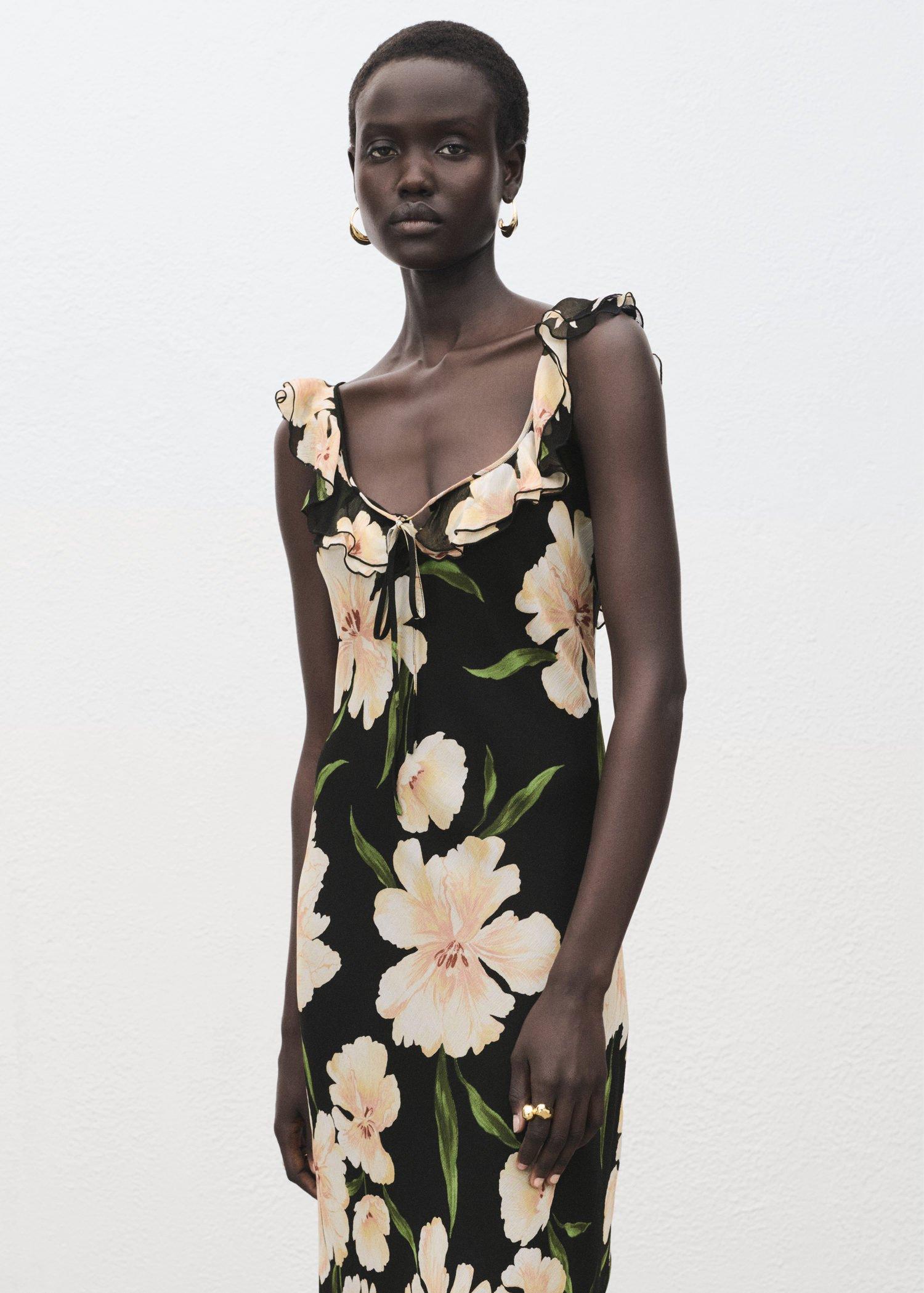 Black Floral Dress With Ruffle Detail, , large image number 2