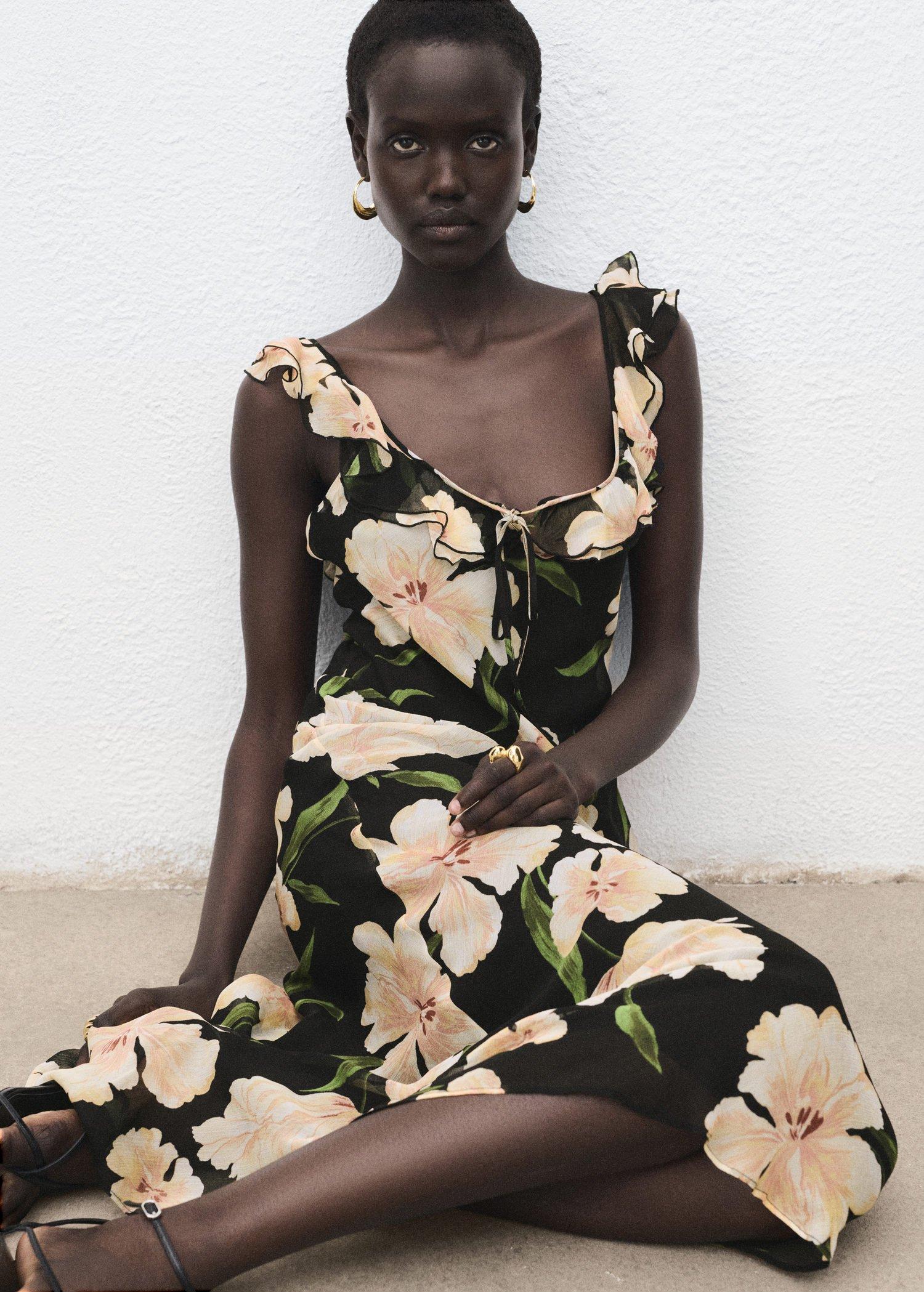 Black Floral Dress With Ruffle Detail, , large image number 4
