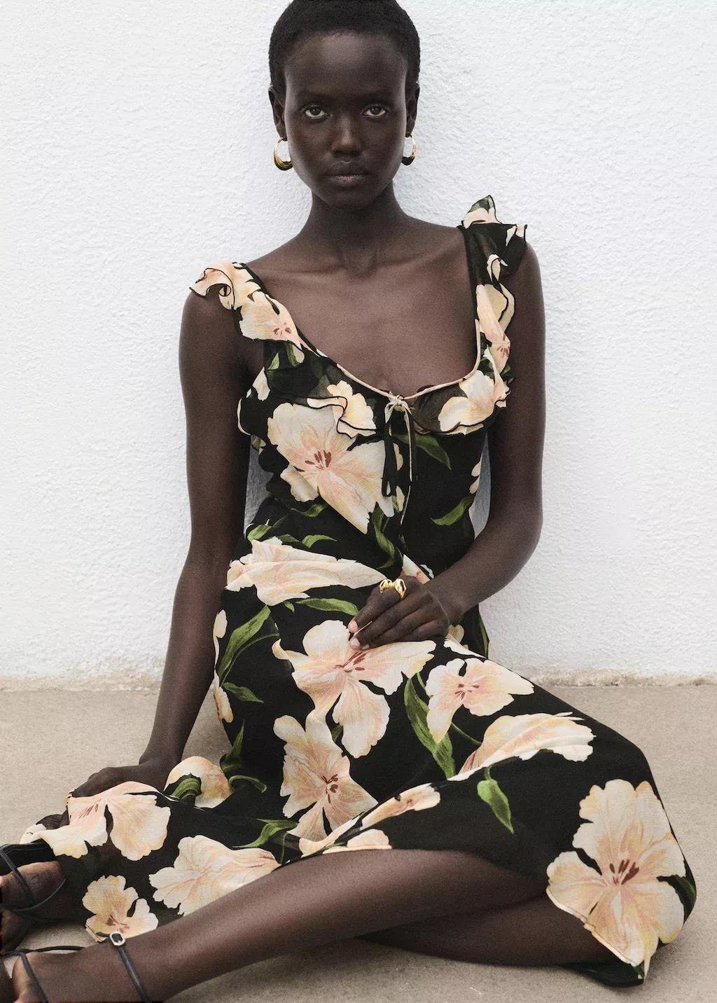 Black Floral Dress With Ruffle Detail, Black, large image number 5