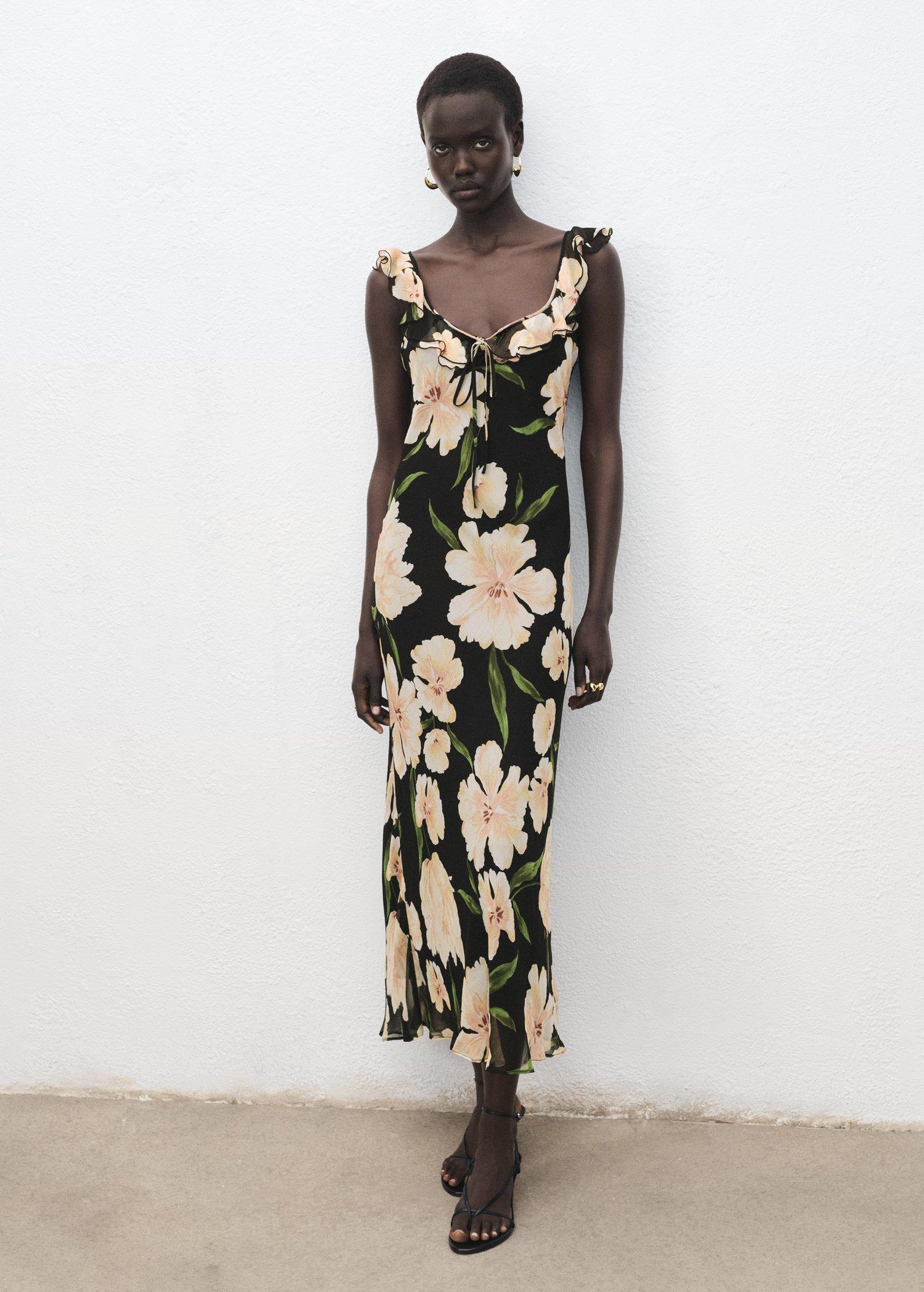 Black Floral Dress With Ruffle Detail, , large image number 6