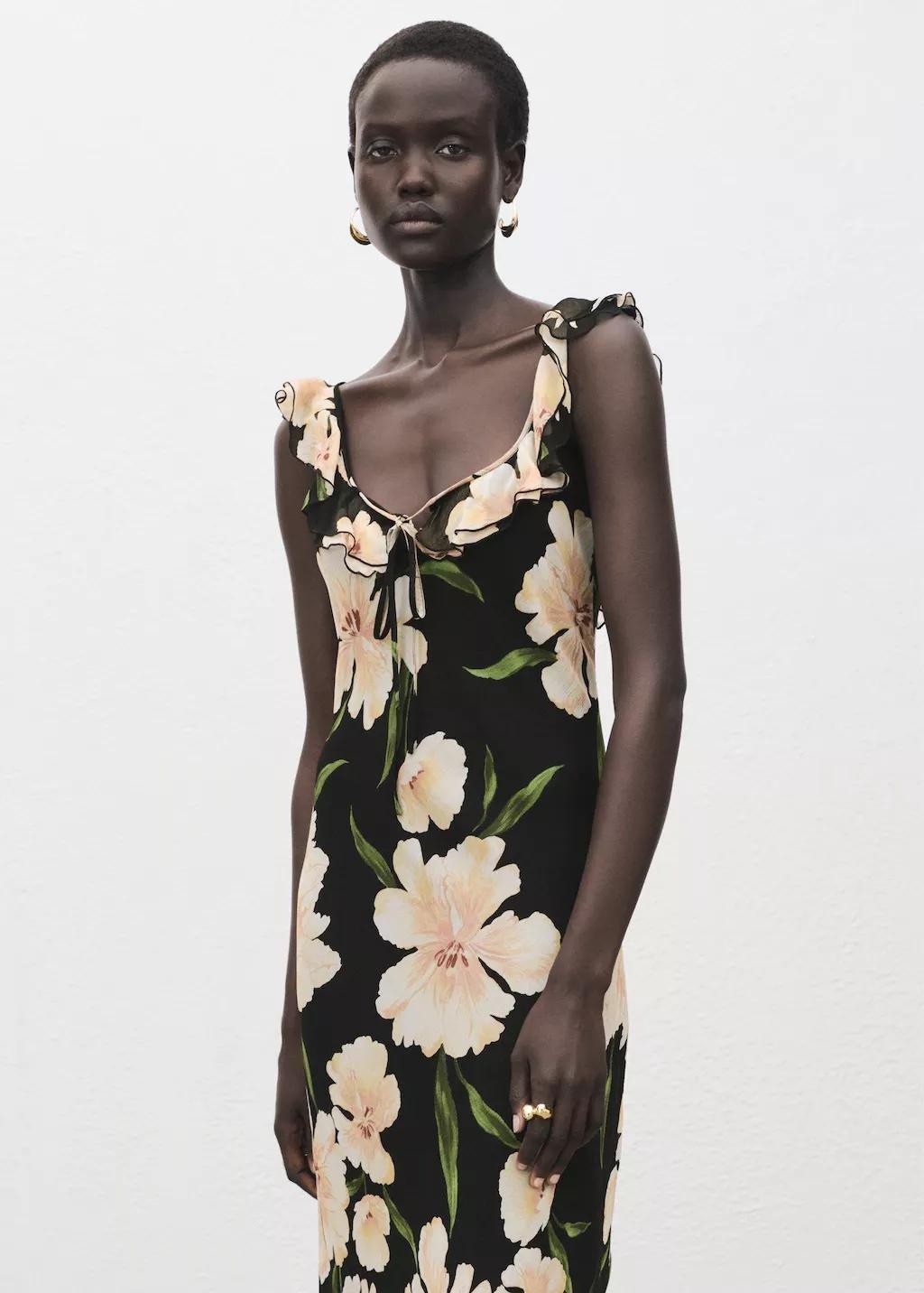 Black Floral Dress With Ruffle Detail, , large image number 7