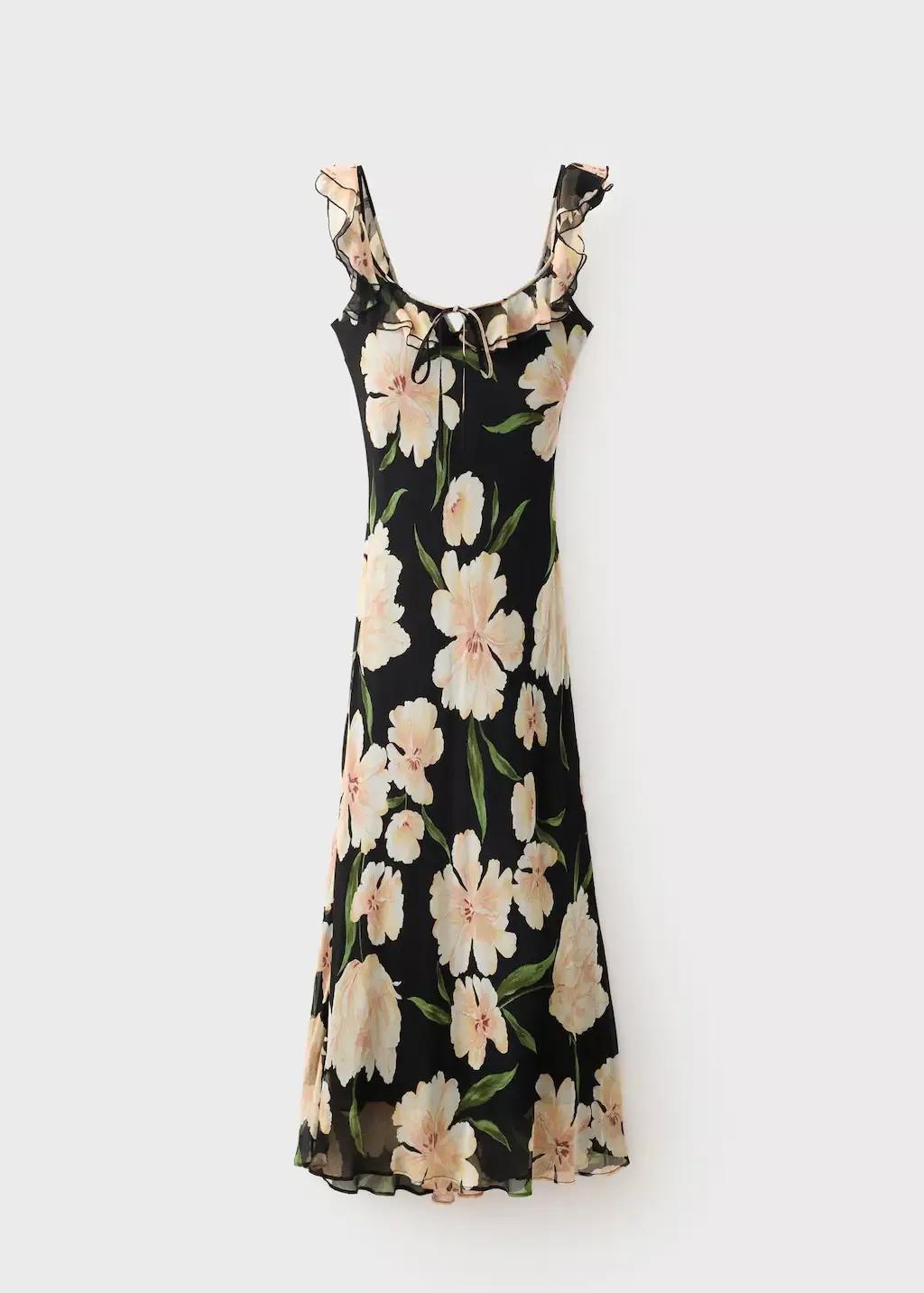 Black Floral Dress With Ruffle Detail, Black, large image number 7