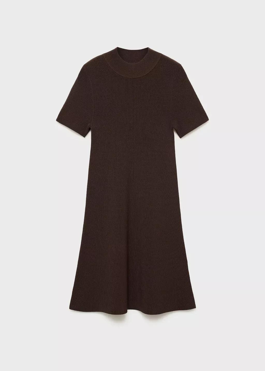 Brown Perkins-Neck Knitted Dress, , large image number 0