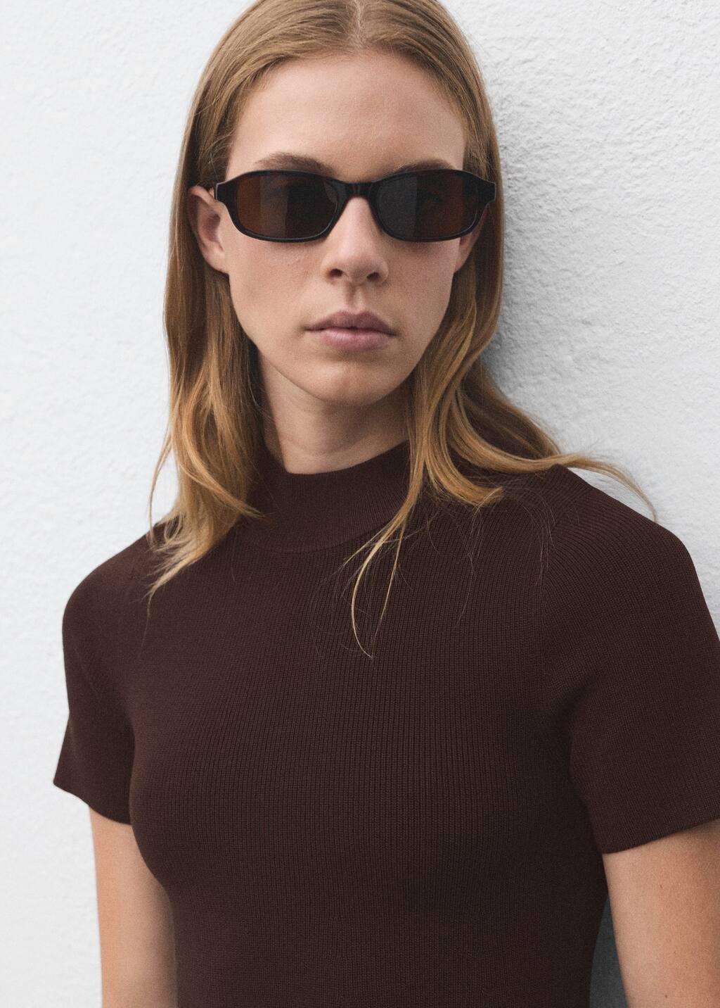 Brown Perkins-Neck Knitted Dress, Dark Brown, large image number 2