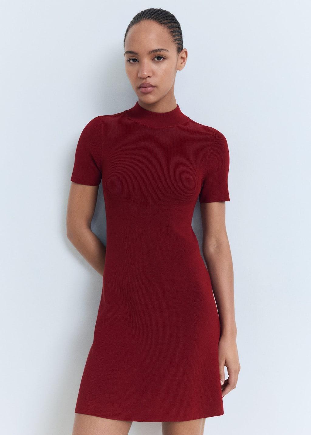 Red Perkins-Neck Knitted Dress, Dark Red, medium