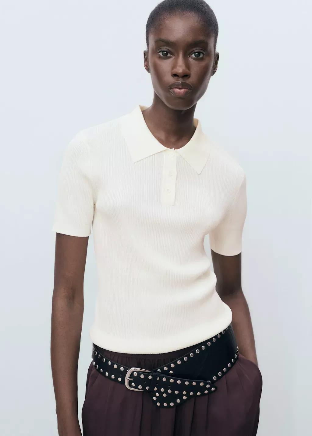 Beige Short-Sleeved Polo-Neck Sweater, , large image number 1