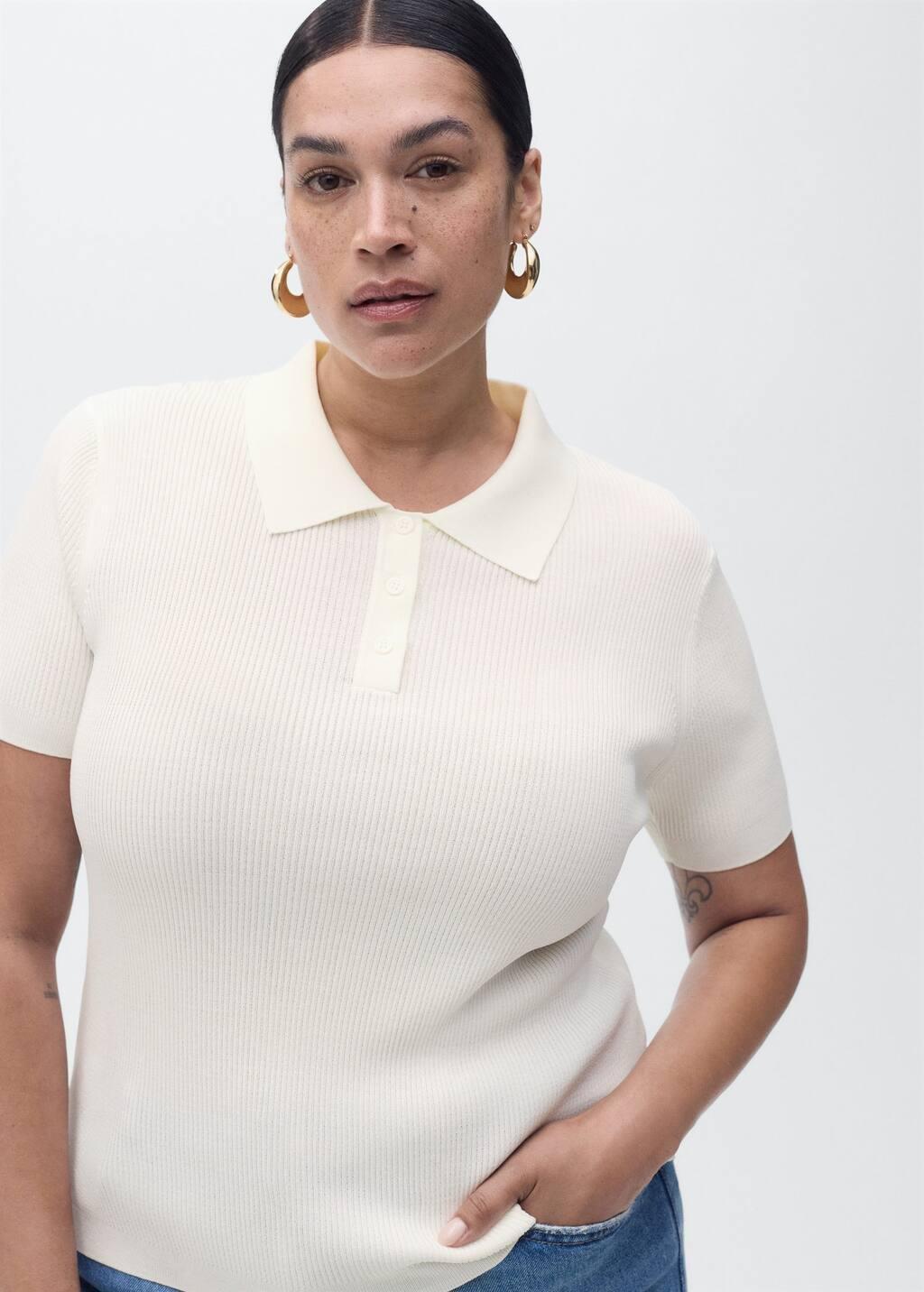 Beige Short-Sleeved Polo-Neck Sweater, , large image number 6