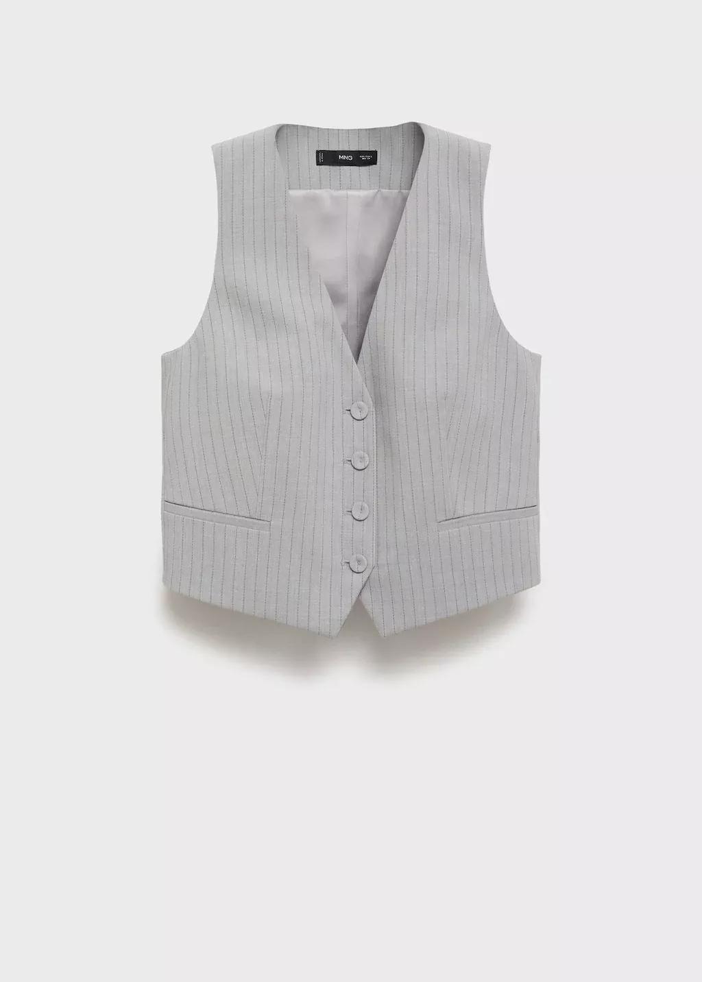 Grey Pinstriped Suit Waistcoat, Grey, large image number 3