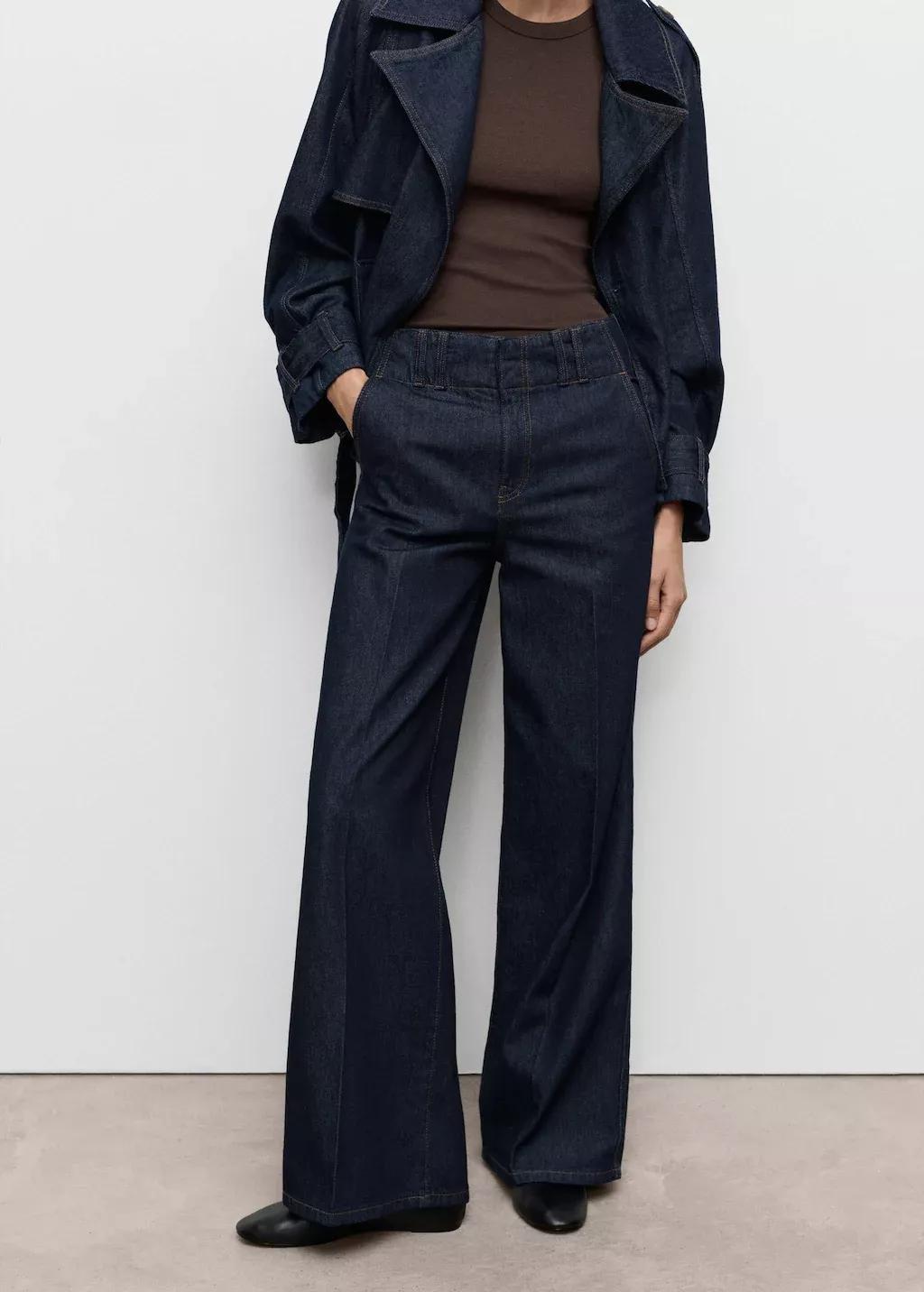 Blue Wide-Leg Denim Trousers With Belt Loops, , large image number 0