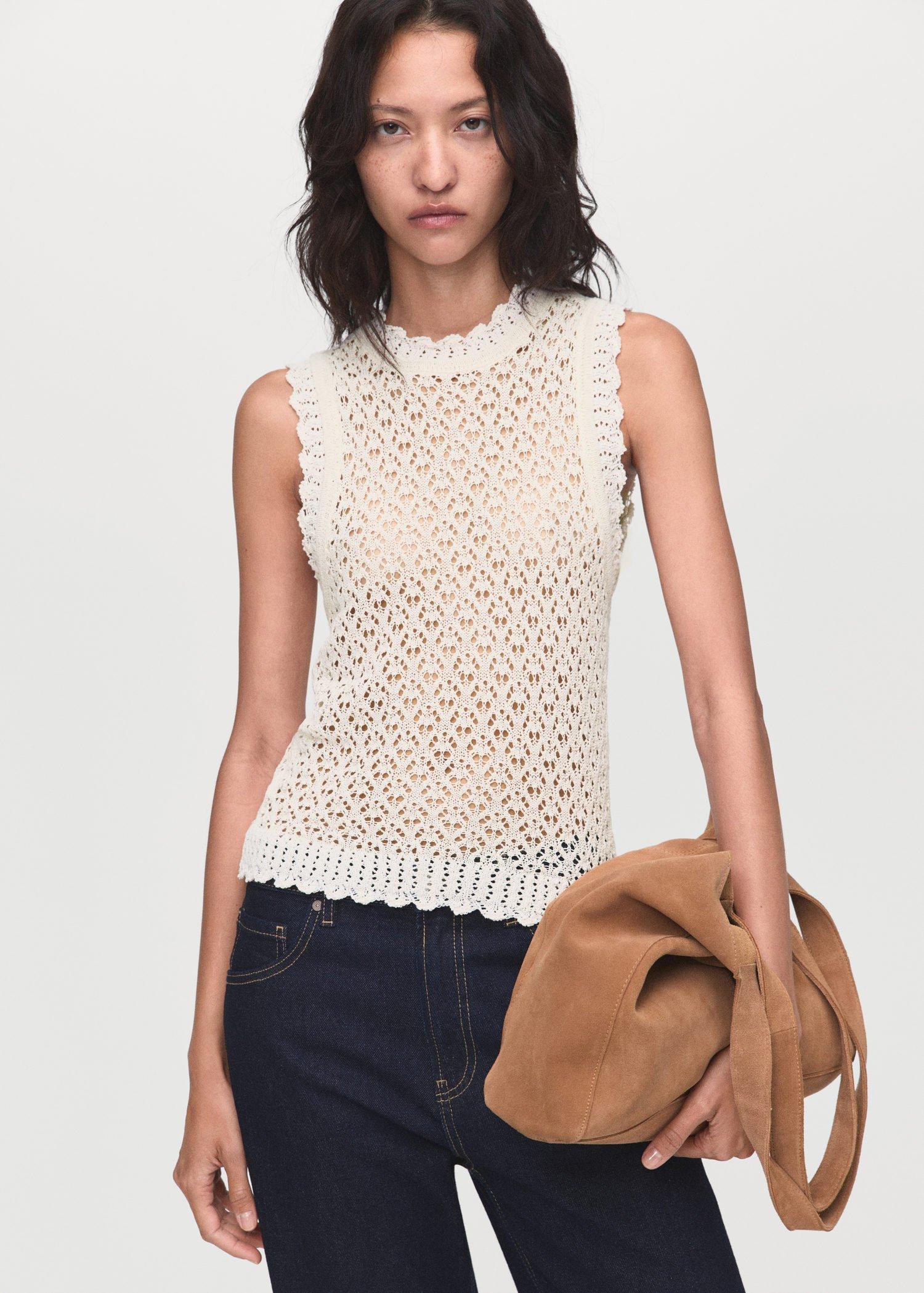 Beige Openwork Knit Top, , medium