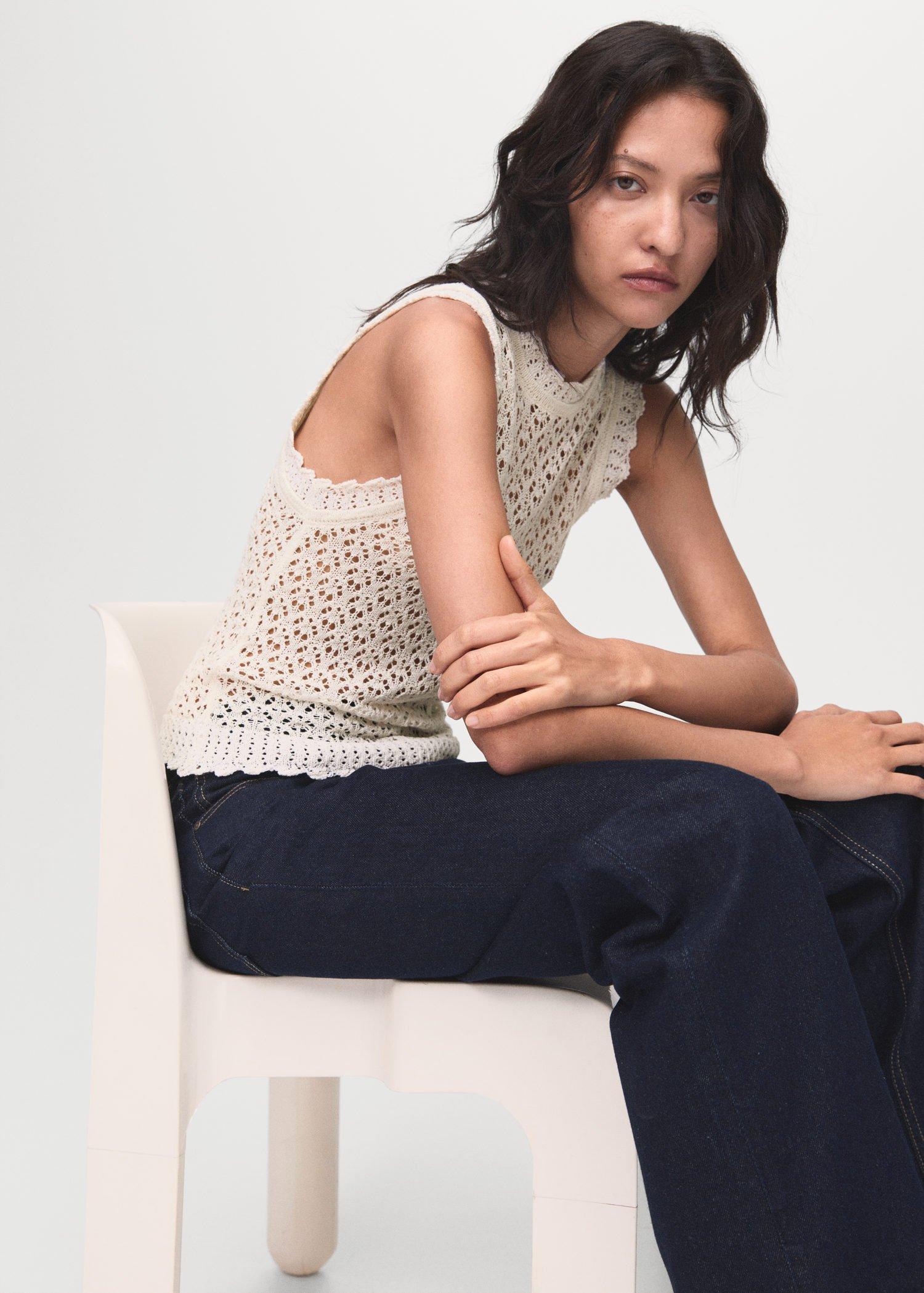 Beige Openwork Knit Top, , large image number 6