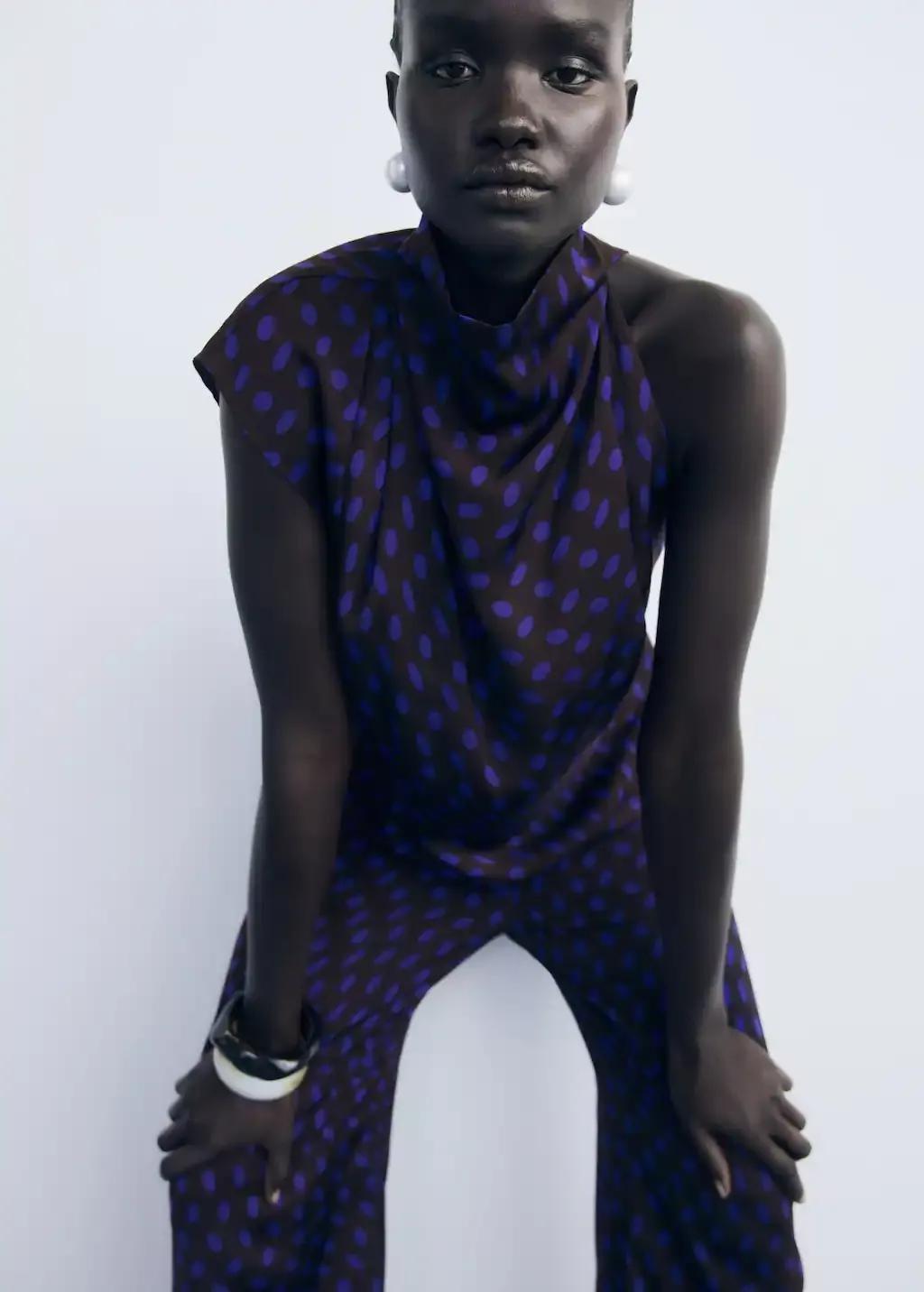 Brown Polka-Dot Blouse With Draped Collar, , large image number 0