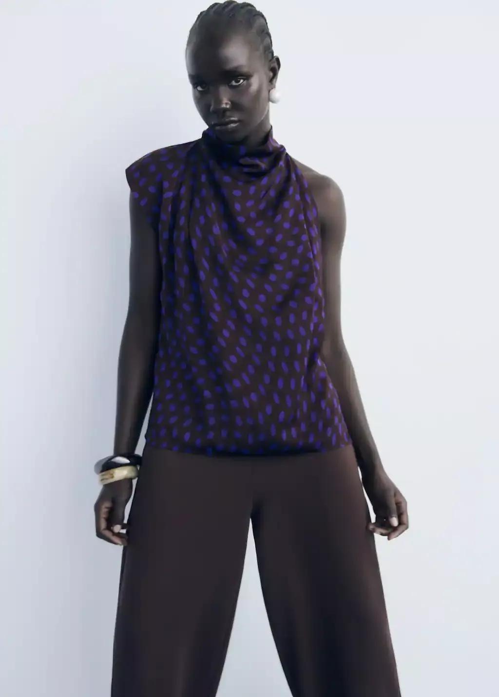 Brown Polka-Dot Blouse With Draped Collar, , large image number 4