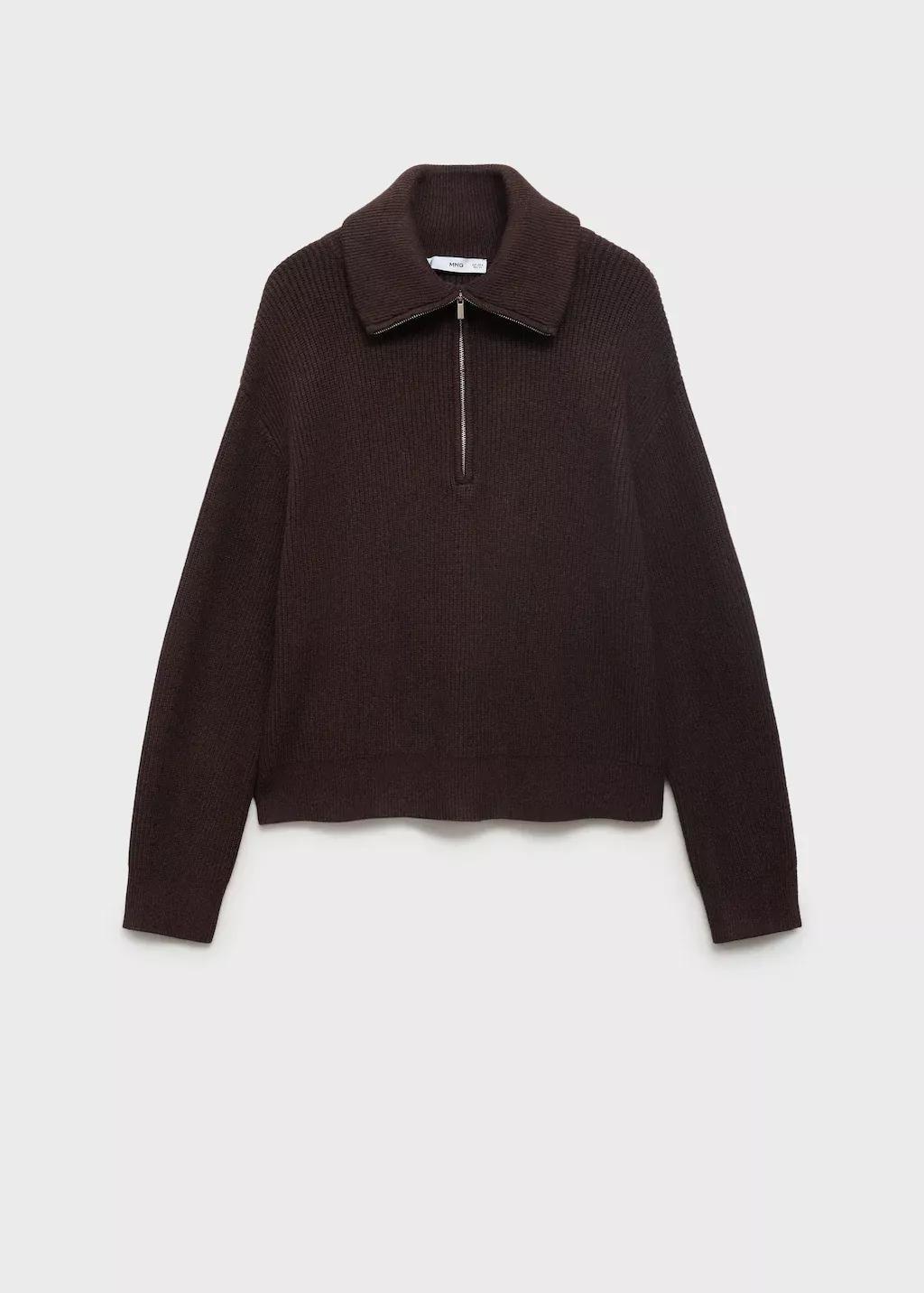 Brown Sweater With Contrasting Zip Collar, , large image number 0