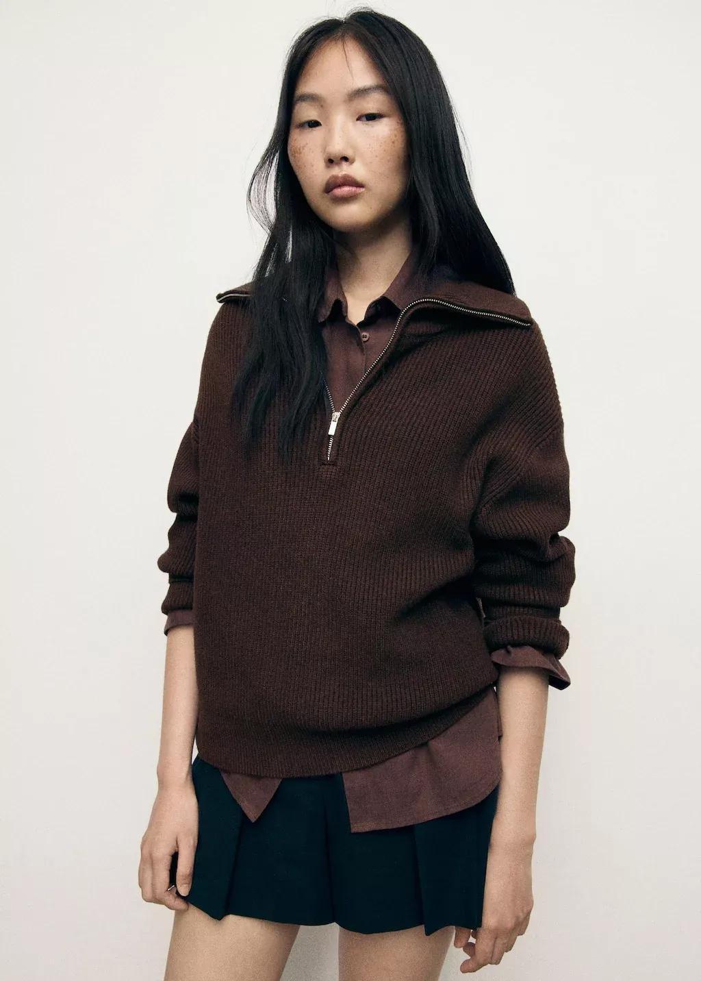 Brown Sweater With Contrasting Zip Collar, , large image number 1