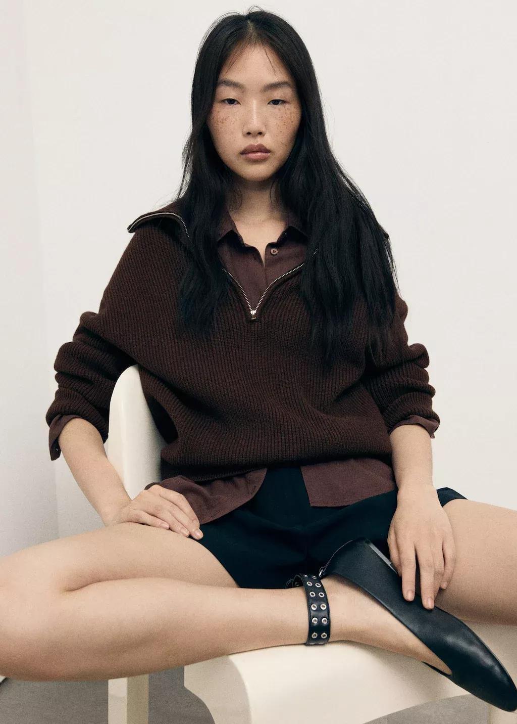 Brown Sweater With Contrasting Zip Collar, , large image number 3
