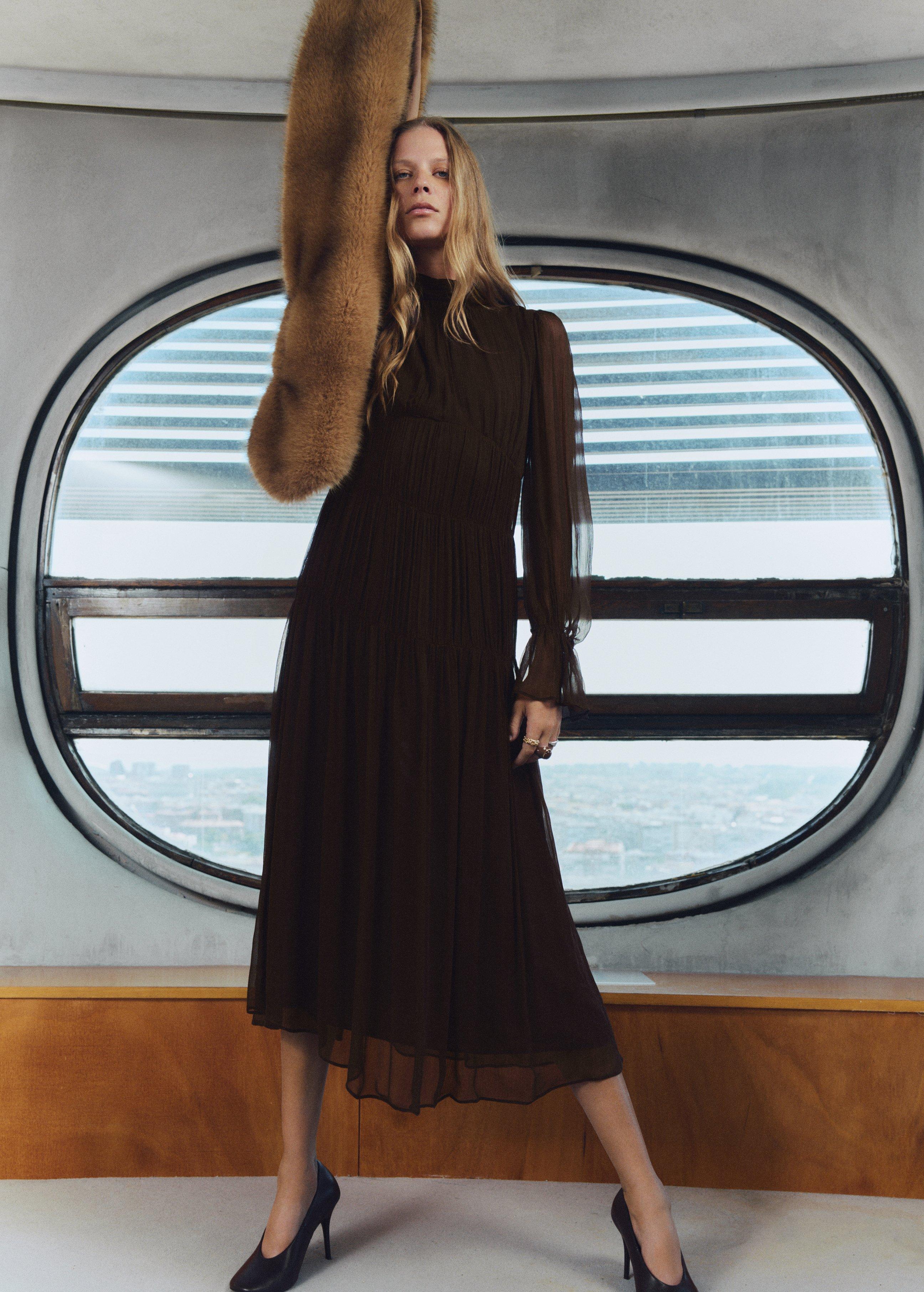 Brown Ruched Chiffon Dress, Dark Brown, medium