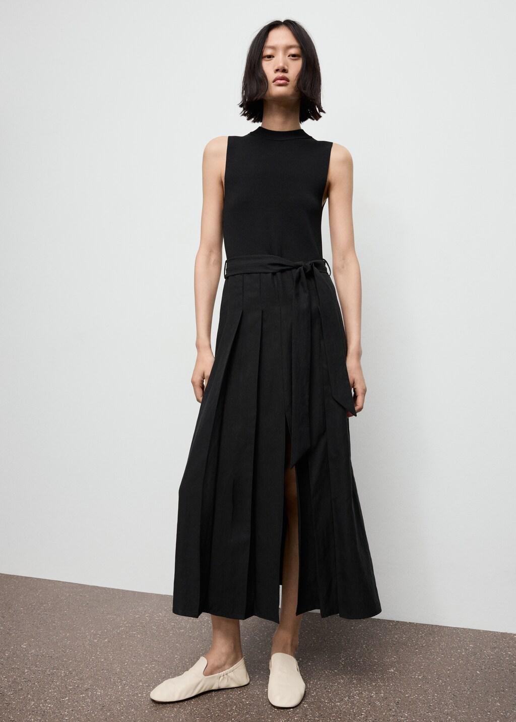 Black Combined Woven Dress With Belt, Black, large image number 0