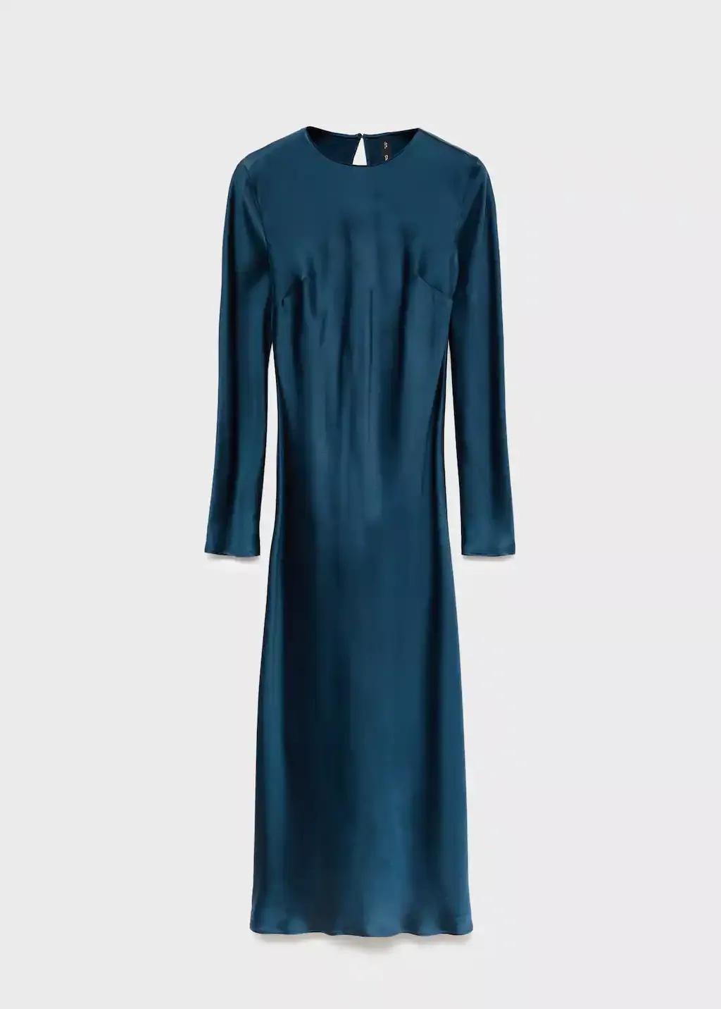 Navy Long Satin Dress, Navy, medium