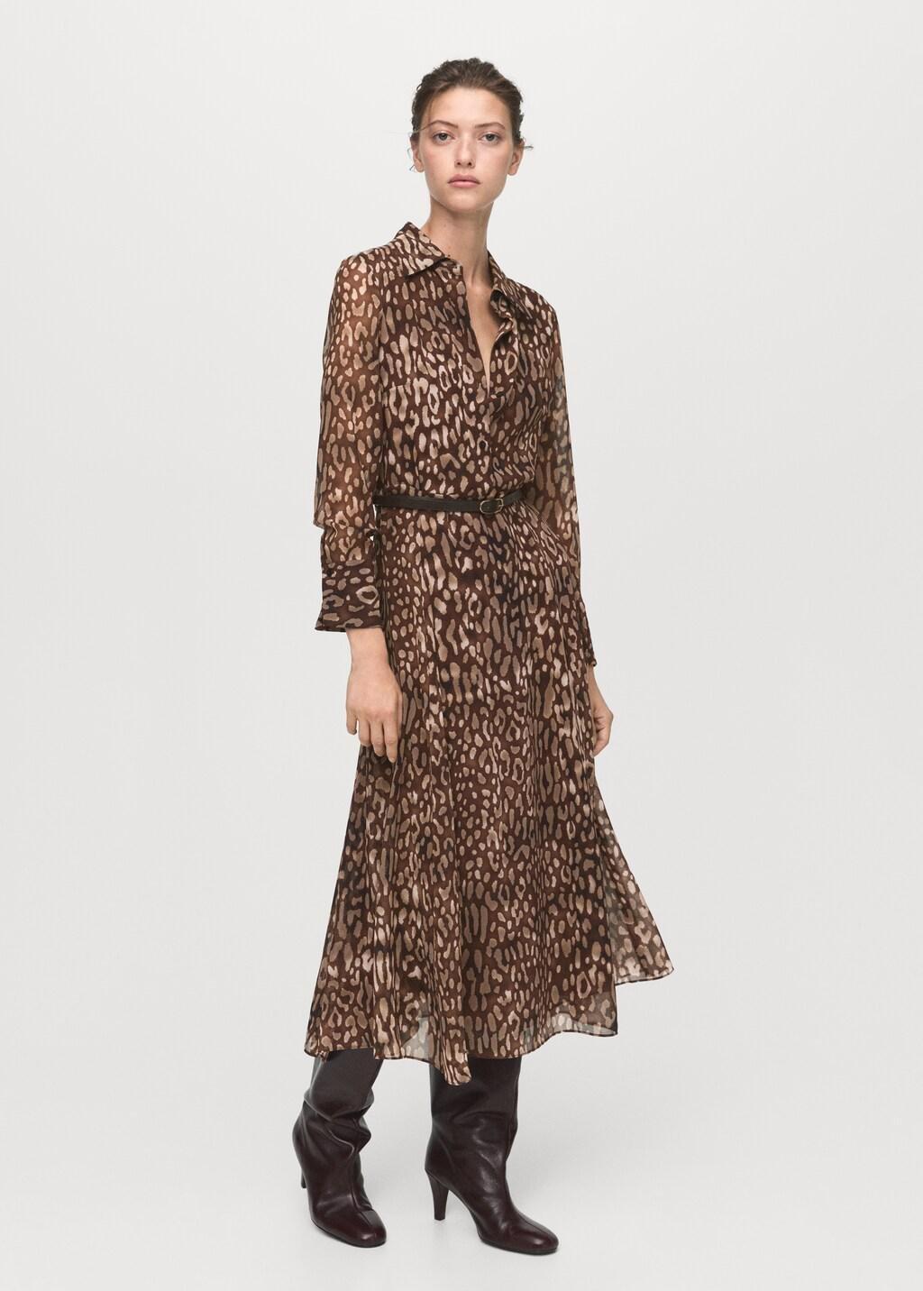 Brown Leopard-Print Shirt Dress With Belt, Brown, large image number 0