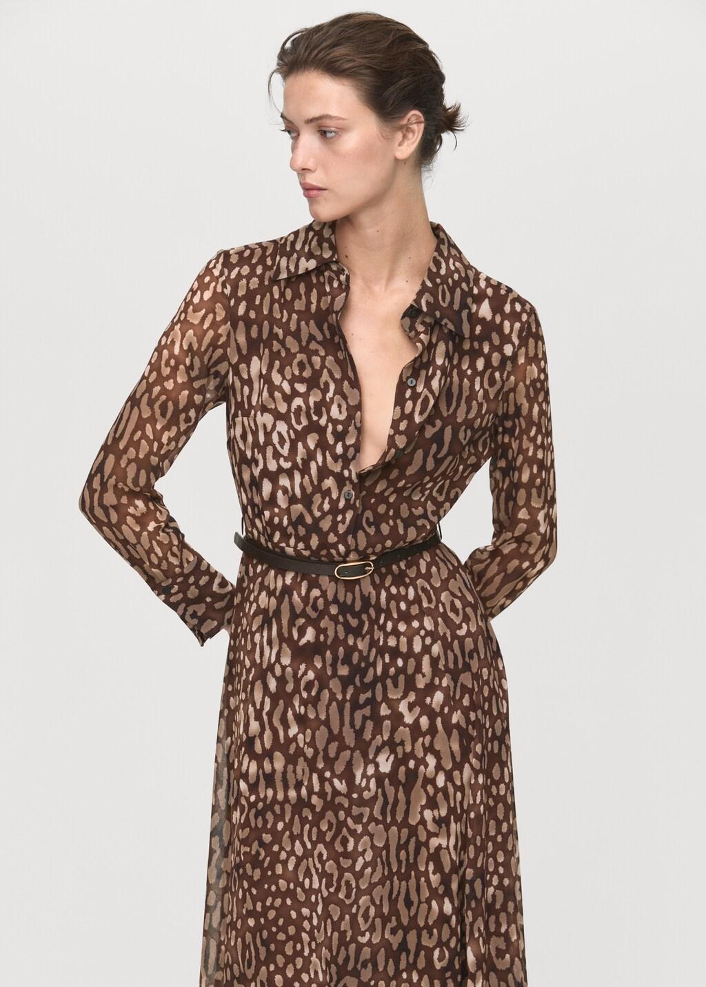 Brown Leopard-Print Shirt Dress With Belt, Brown, large image number 3