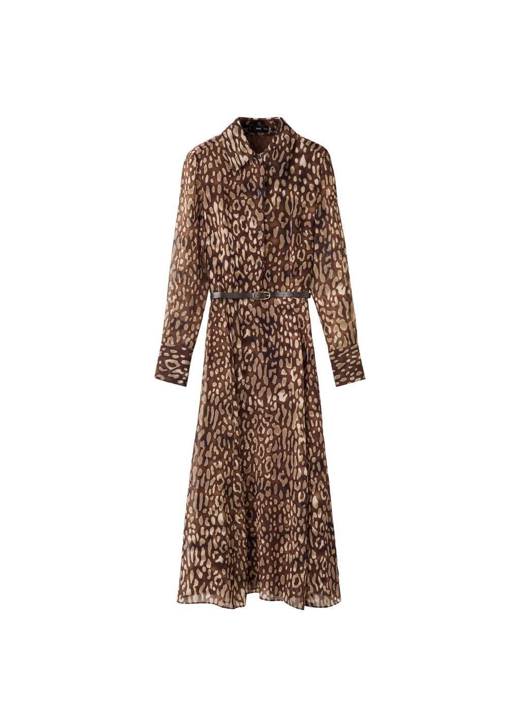 Brown Leopard-Print Shirt Dress With Belt, Brown, large image number 6