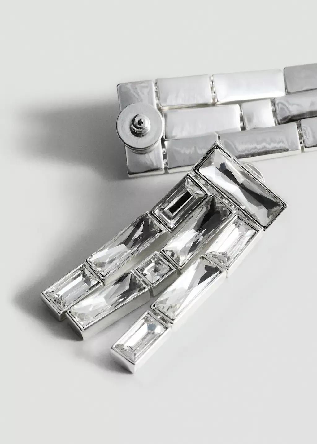 Silver Dangling Earrings With Crystal Strips, Silver, medium