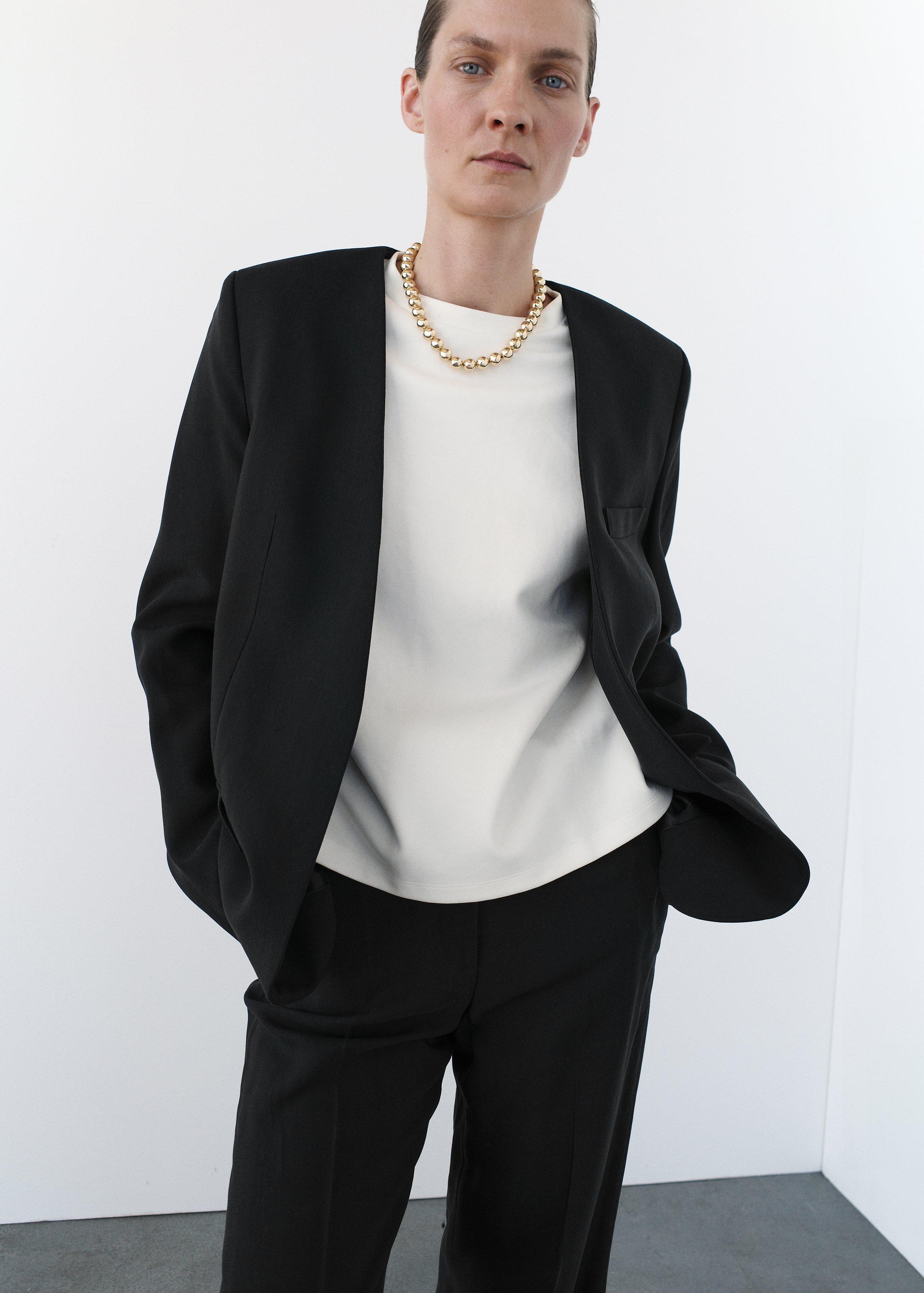 Black Suit Blazer Without Lapel Collar, , large image number 1