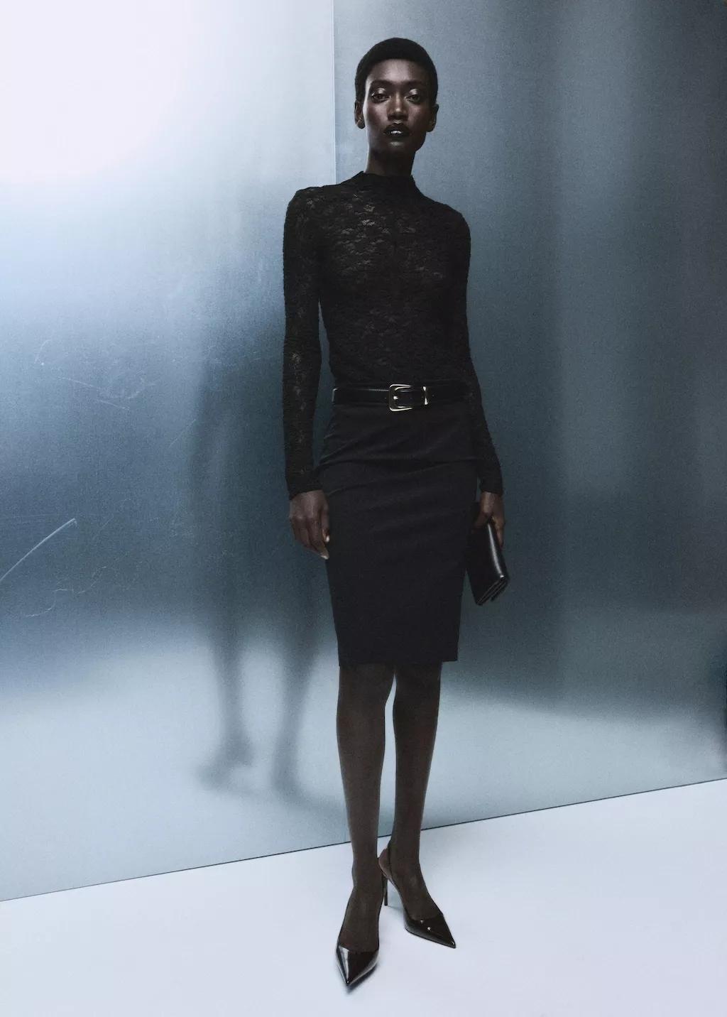 BLACK Lace top with perkins collar, 0201_99, large image number 0