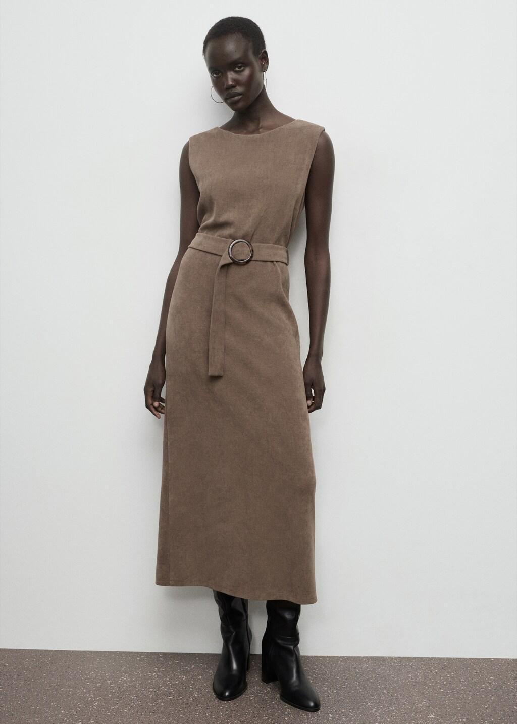 Brown Belt Knit Dress, Medium Brown, large image number 0