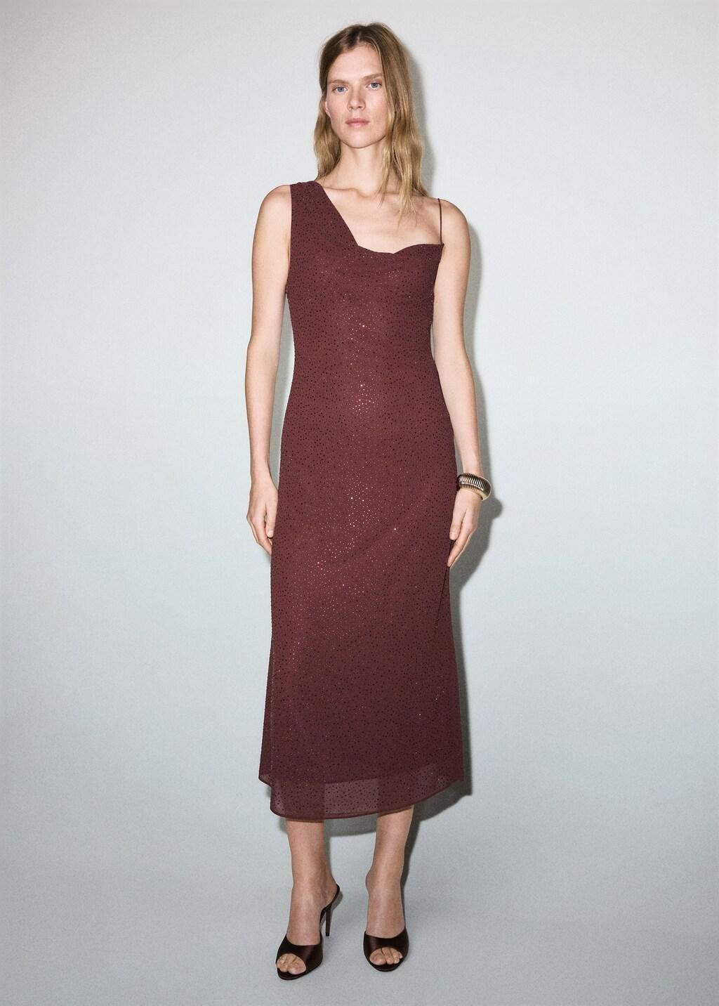 Maroon Asymmetrical Rhinestone Dress, Dark Red, large image number 0