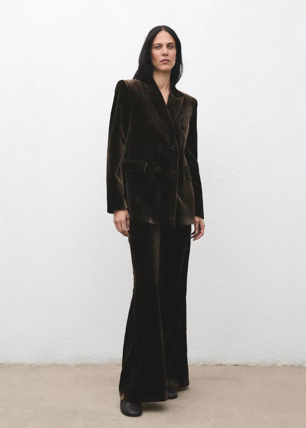 Brown Double-Breasted Velvet Suit Jacket, Dark Brown, medium