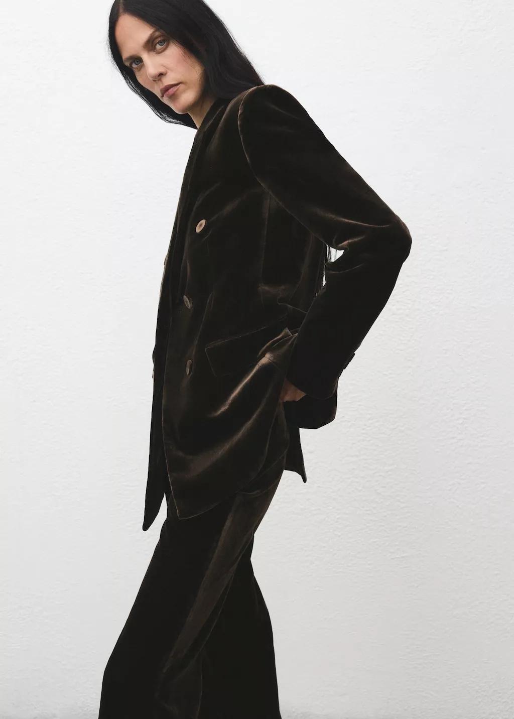 Brown Double-Breasted Velvet Suit Jacket, Dark Brown, large image number 3